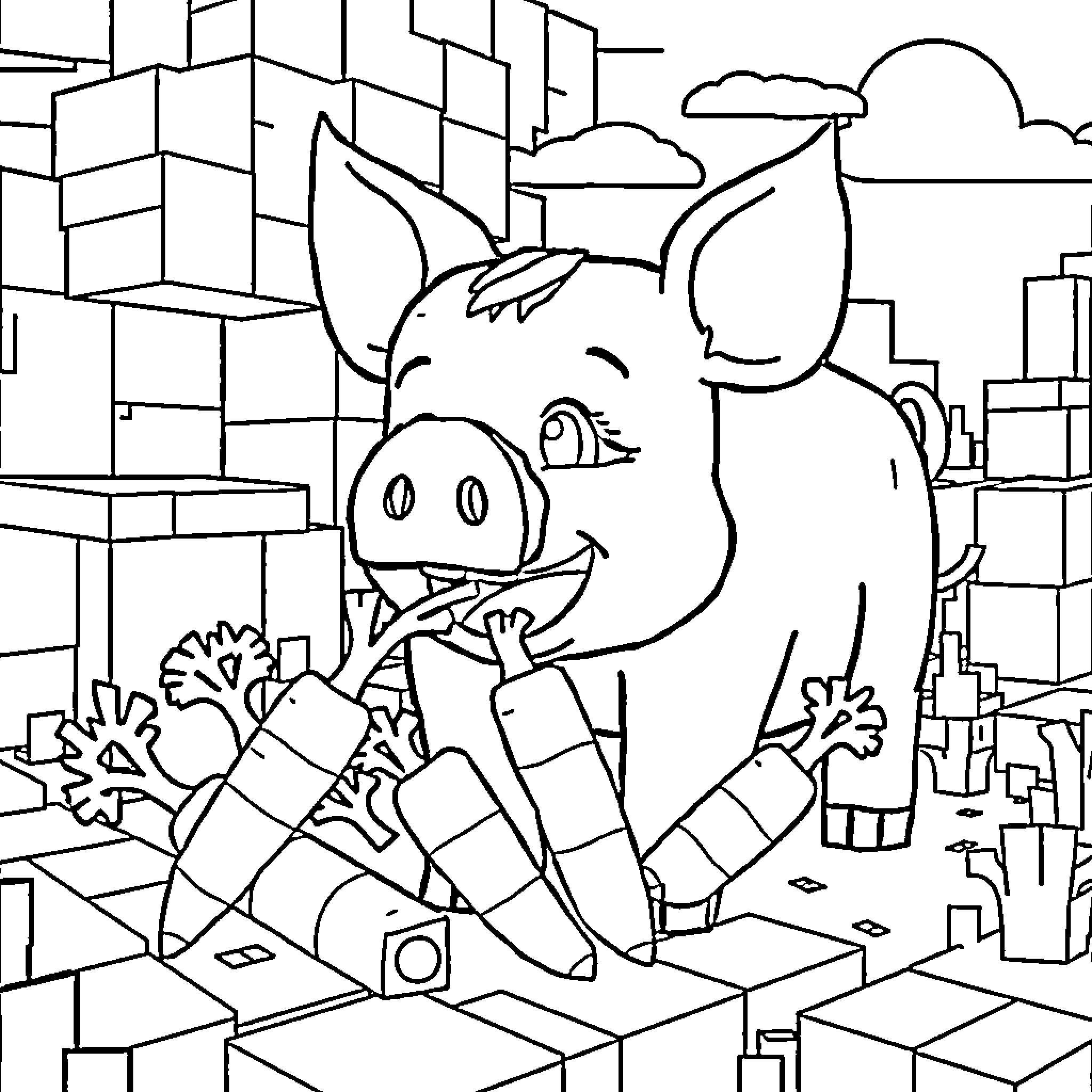 Minecraft Pig exploring the blocky city landscape Coloring Page (free black-and-white line drawing printable PDF for all, from beginners to advanced learners, including children, teens, adults, and seniors)