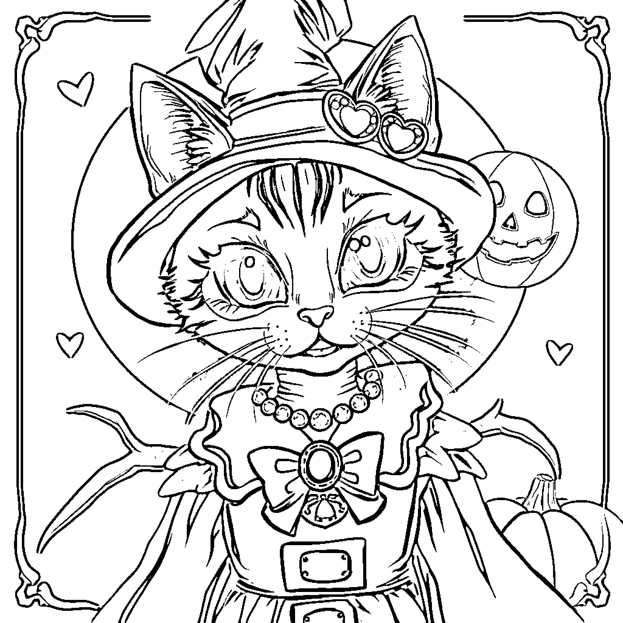 Katseye's Whimsical Halloween Adventure Coloring Page (free black-and-white line drawing printable PDF for all, from beginners to advanced learners, including children, teens, adults, and seniors)