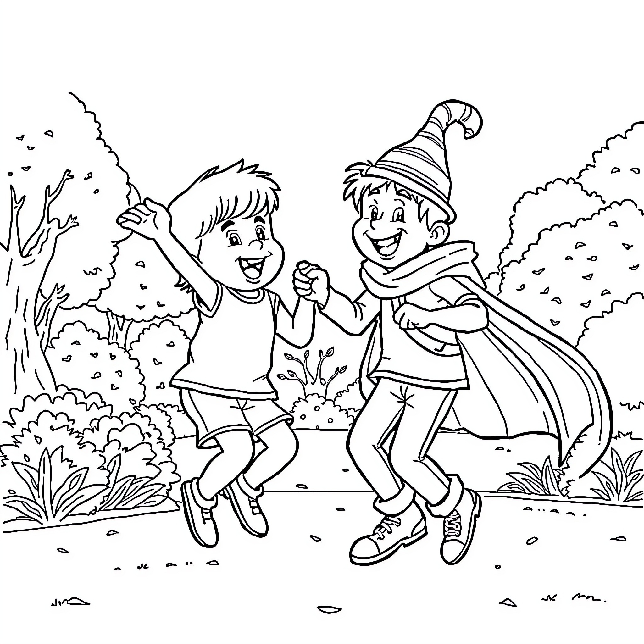 Kuquin's Playful Adventure in the Enchanted Forest Coloring Page (free black-and-white line drawing printable PDF for all, from beginners to advanced learners, including children, teens, adults, and seniors)