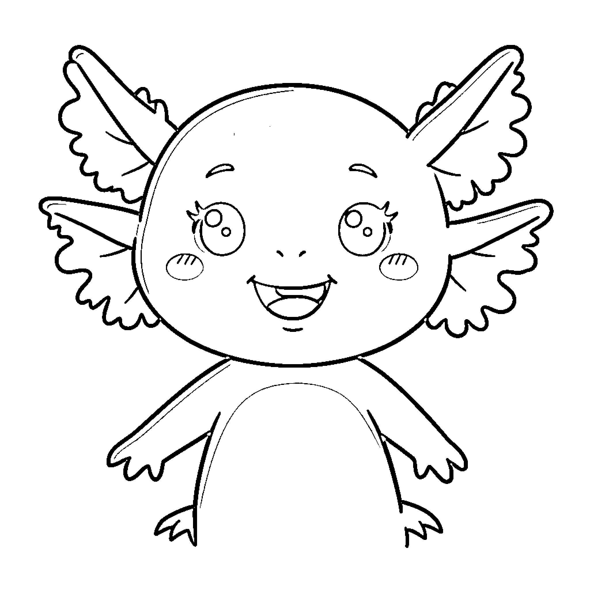 Axolotl with Joyful Expression and Wings Coloring Page (free black-and-white line drawing printable PDF for all, from beginners to advanced learners, including children, teens, adults, and seniors)