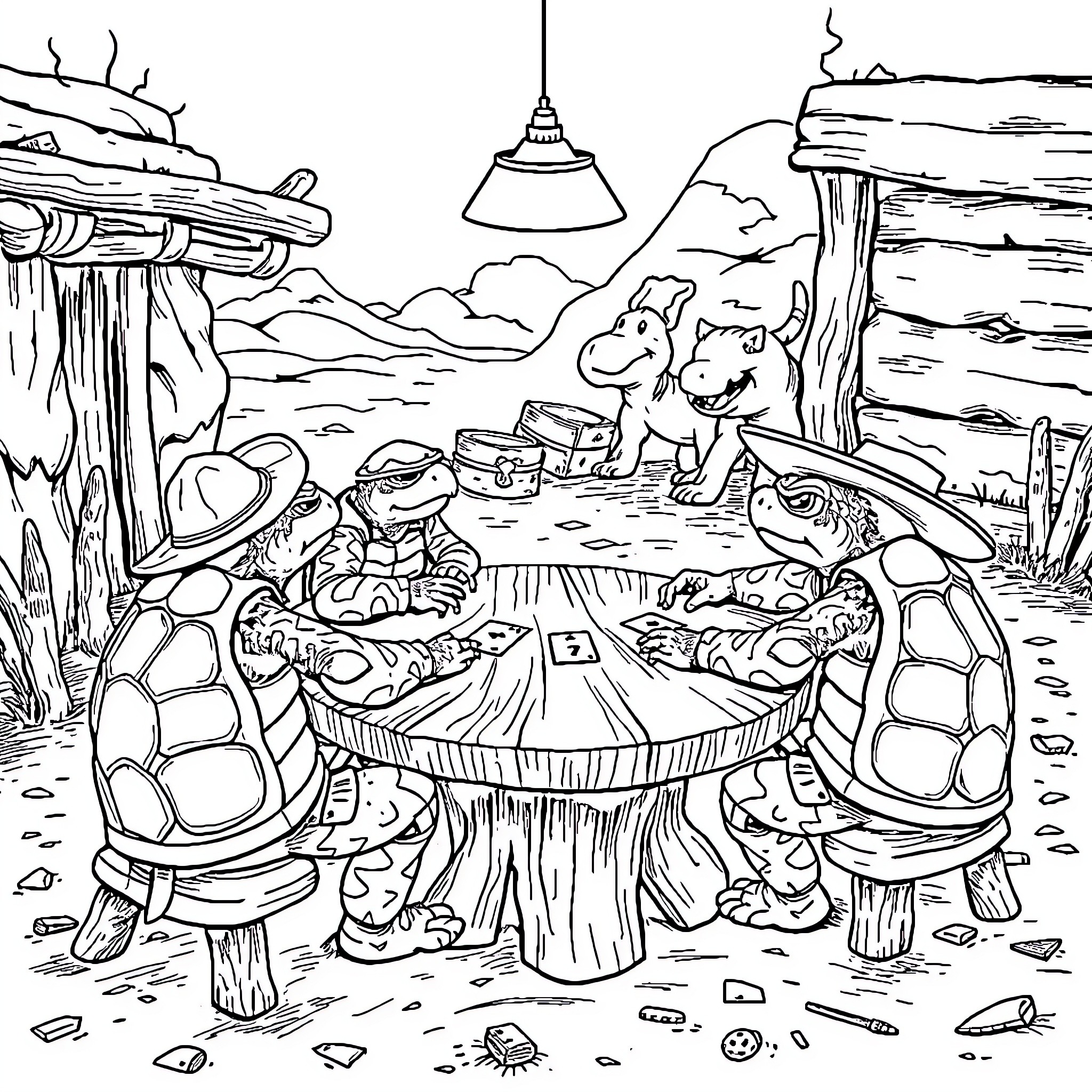 Turtles having a cozy meal together in the wilderness Coloring Page (free black-and-white line drawing printable PDF for all, from beginners to advanced learners, including children, teens, adults, and seniors)