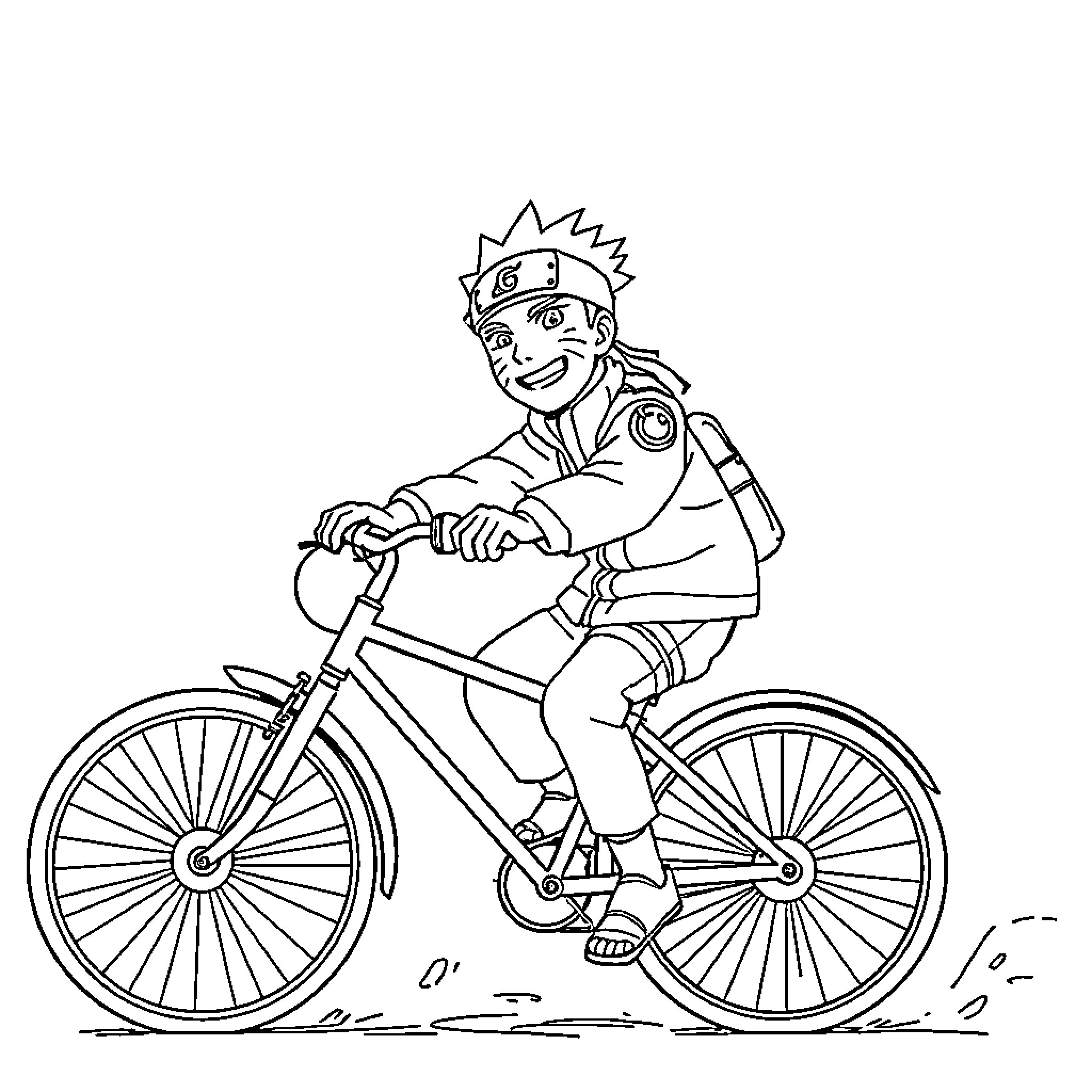 Naruto riding a bicycle with enthusiasm Coloring Page (free black-and-white line drawing printable PDF for all, from beginners to advanced learners, including children, teens, adults, and seniors)