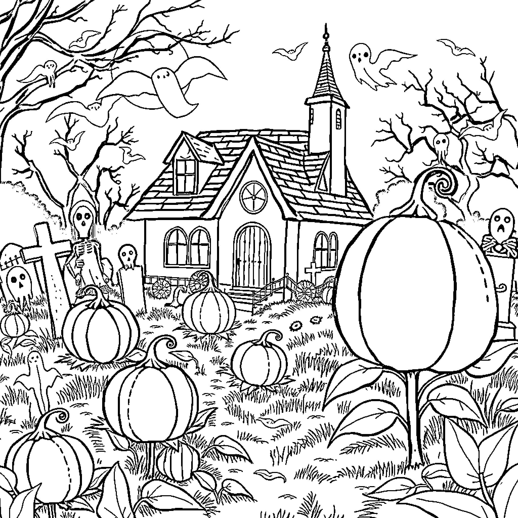 Pumpkin-filled Halloween scene with haunted house Coloring Page (free black-and-white line drawing printable PDF for all, from beginners to advanced learners, including children, teens, adults, and seniors)