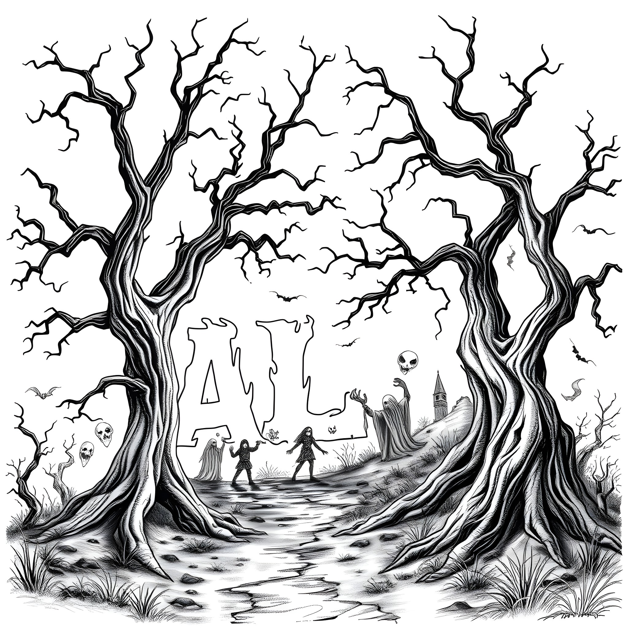 ALI Spooky Forest with Mysterious Figures Coloring Page (free black-and-white line drawing printable PDF for all, from beginners to advanced learners, including children, teens, adults, and seniors)
