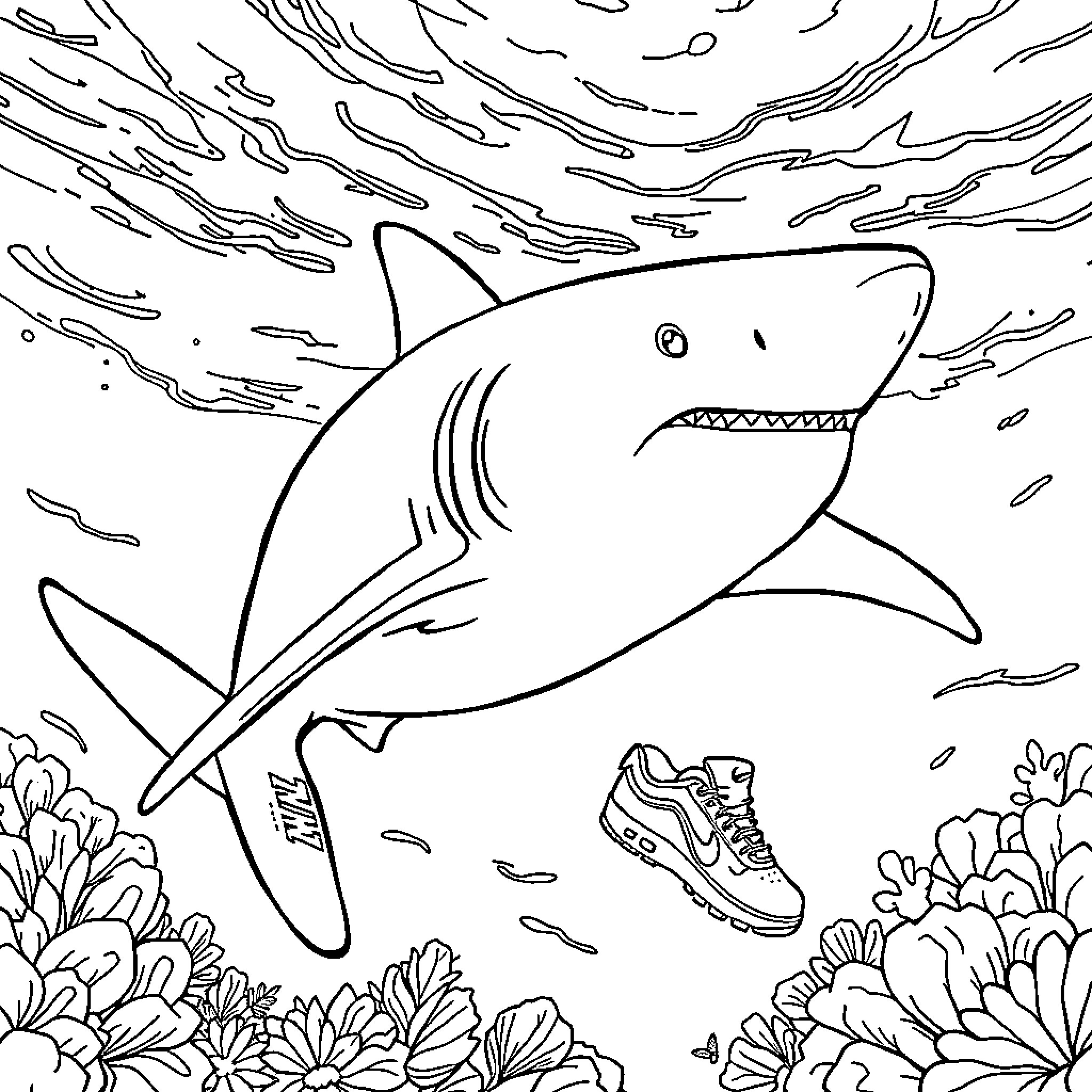 Shark chasing sneakers in the ocean Coloring Page (free black-and-white line drawing printable PDF for all, from beginners to advanced learners, including children, teens, adults, and seniors)