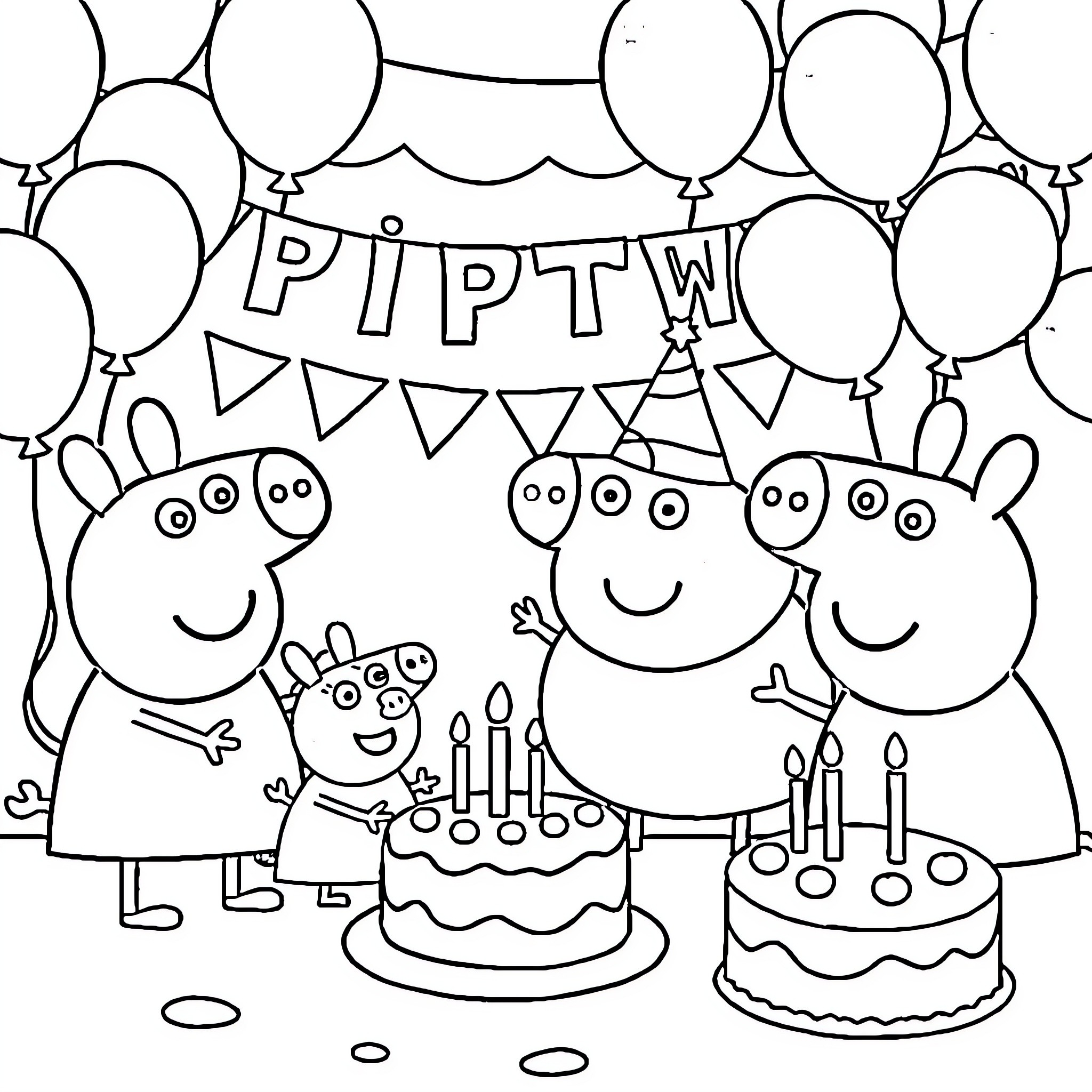 Peppa Pig family celebrating birthday party Coloring Page (free black-and-white line drawing printable PDF for all, from beginners to advanced learners, including children, teens, adults, and seniors)