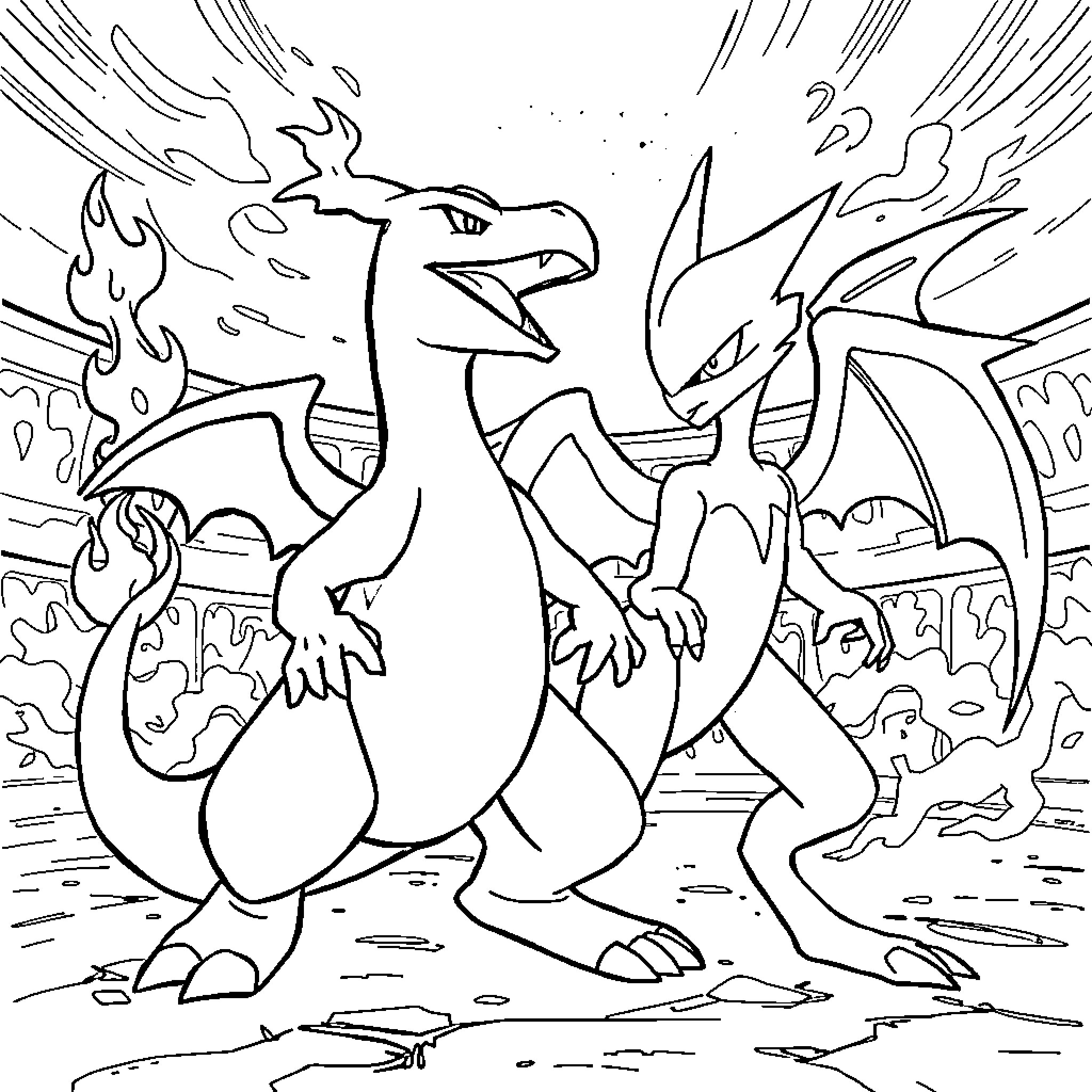 Charizard engaging in an intense battle Coloring Page (free black-and-white line drawing printable PDF for all, from beginners to advanced learners, including children, teens, adults, and seniors)