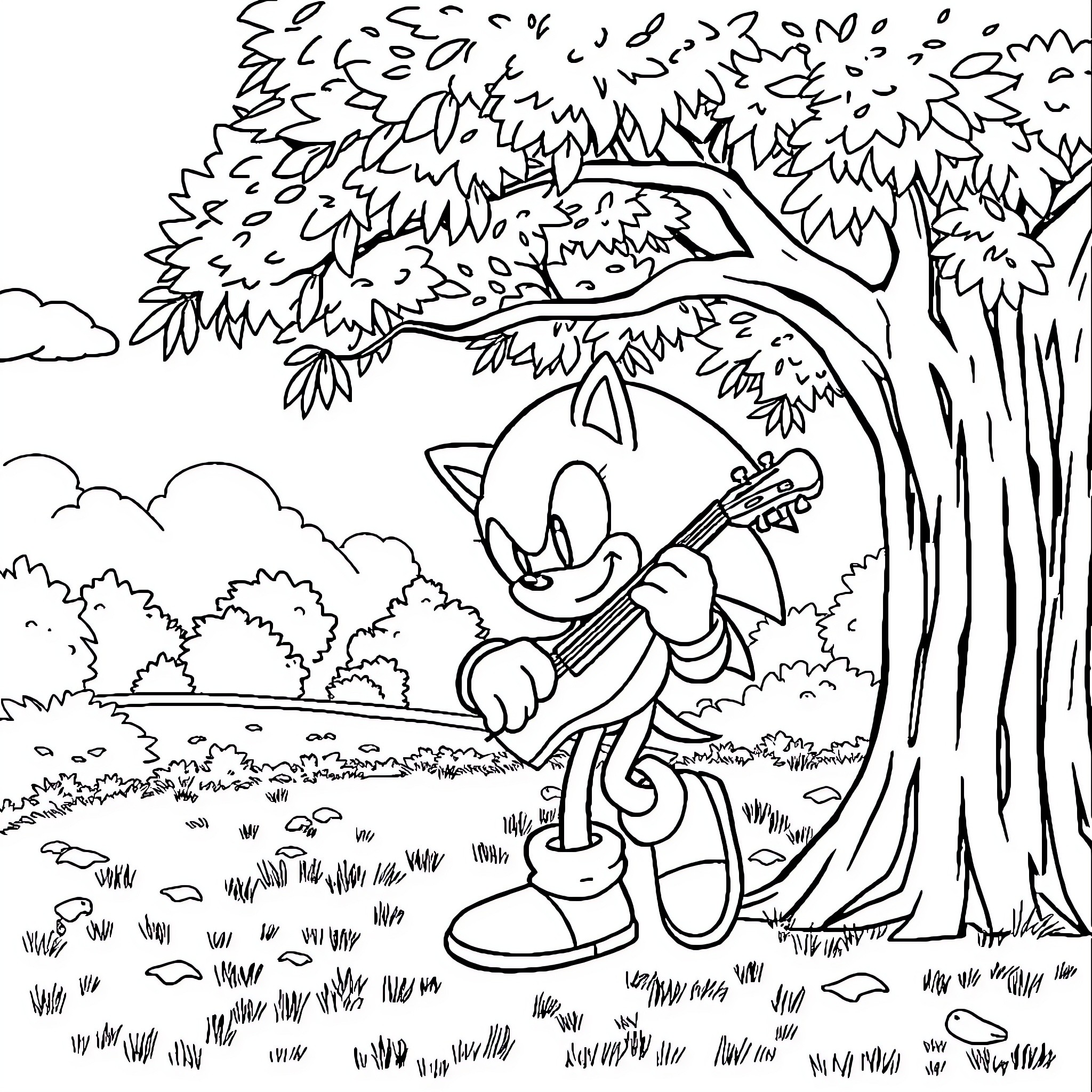 Sonic exploring a lush, natural landscape Coloring Page (free black-and-white line drawing printable PDF for all, from beginners to advanced learners, including children, teens, adults, and seniors)