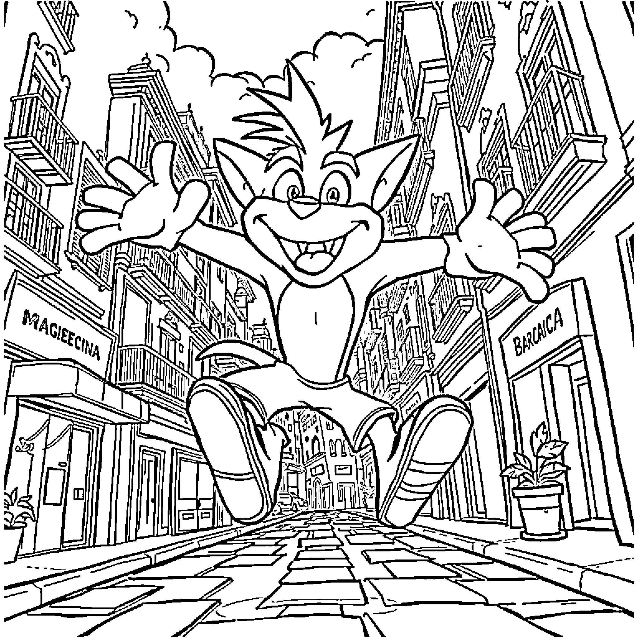 Crash Bandicoot exploring a bustling city Coloring Page (free black-and-white line drawing printable PDF for all, from beginners to advanced learners, including children, teens, adults, and seniors)