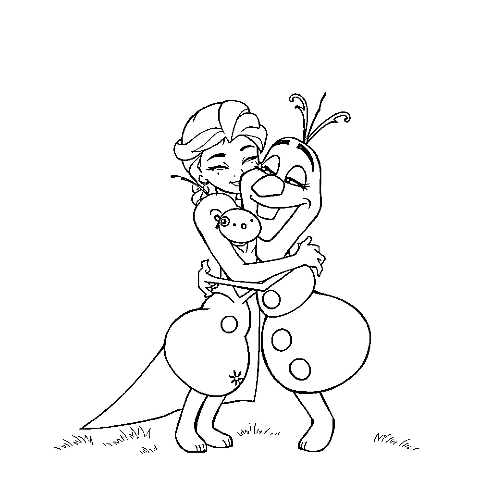 Elsa embraces Olaf on a snowy adventure Coloring Page (free black-and-white line drawing printable PDF for all, from beginners to advanced learners, including children, teens, adults, and seniors)