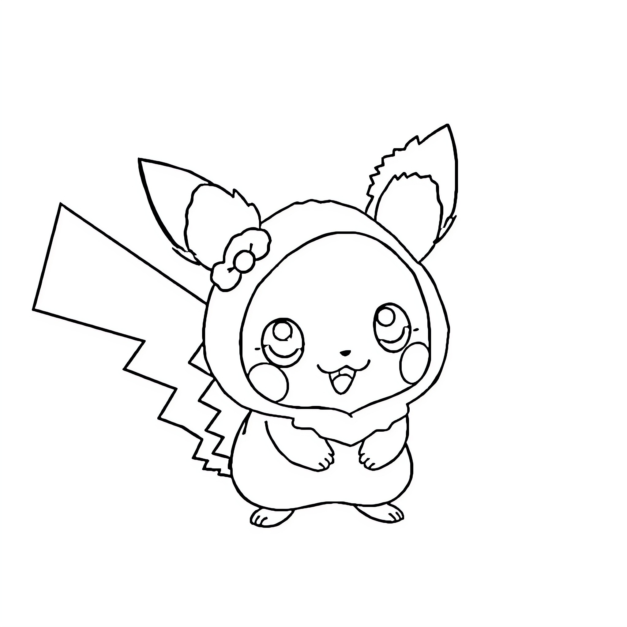 Pikachu in a cheerful and playful pose Coloring Page (free black-and-white line drawing printable PDF for all, from beginners to advanced learners, including children, teens, adults, and seniors)