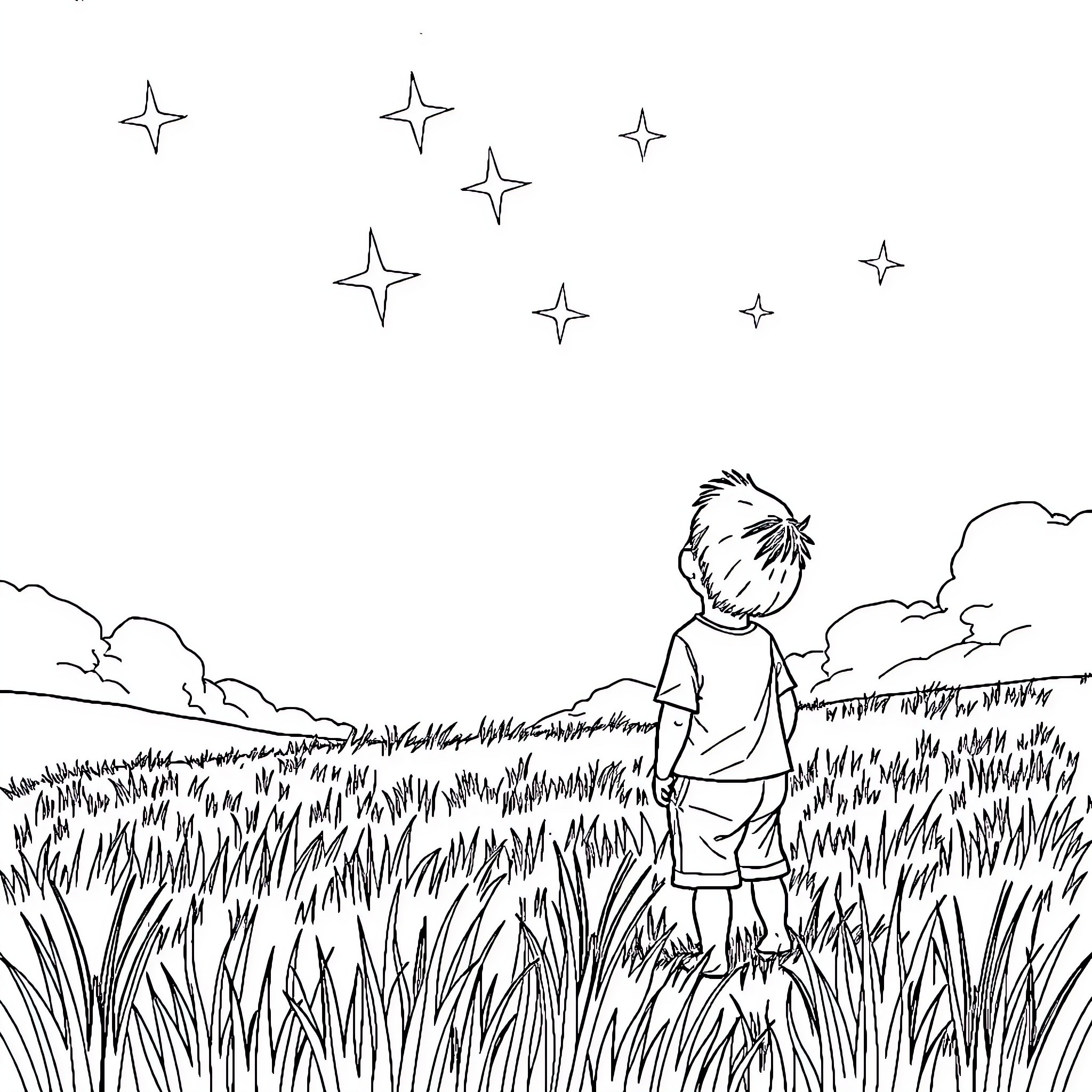 Boy gazes at the starry night sky Coloring Page (free black-and-white line drawing printable PDF for all, from beginners to advanced learners, including children, teens, adults, and seniors)