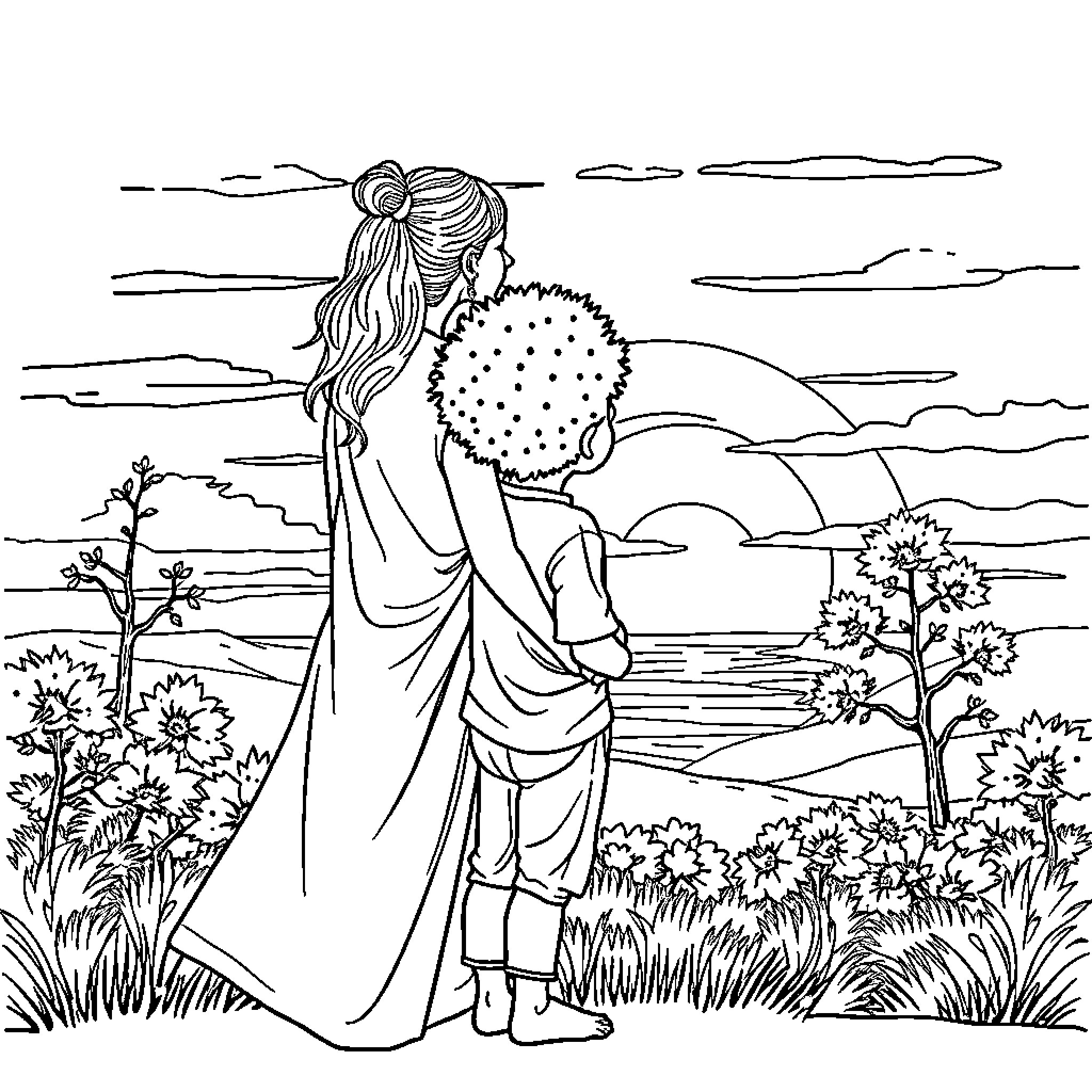 Mom enjoys peaceful nature scene Coloring Page (free black-and-white line drawing printable PDF for all, from beginners to advanced learners, including children, teens, adults, and seniors)