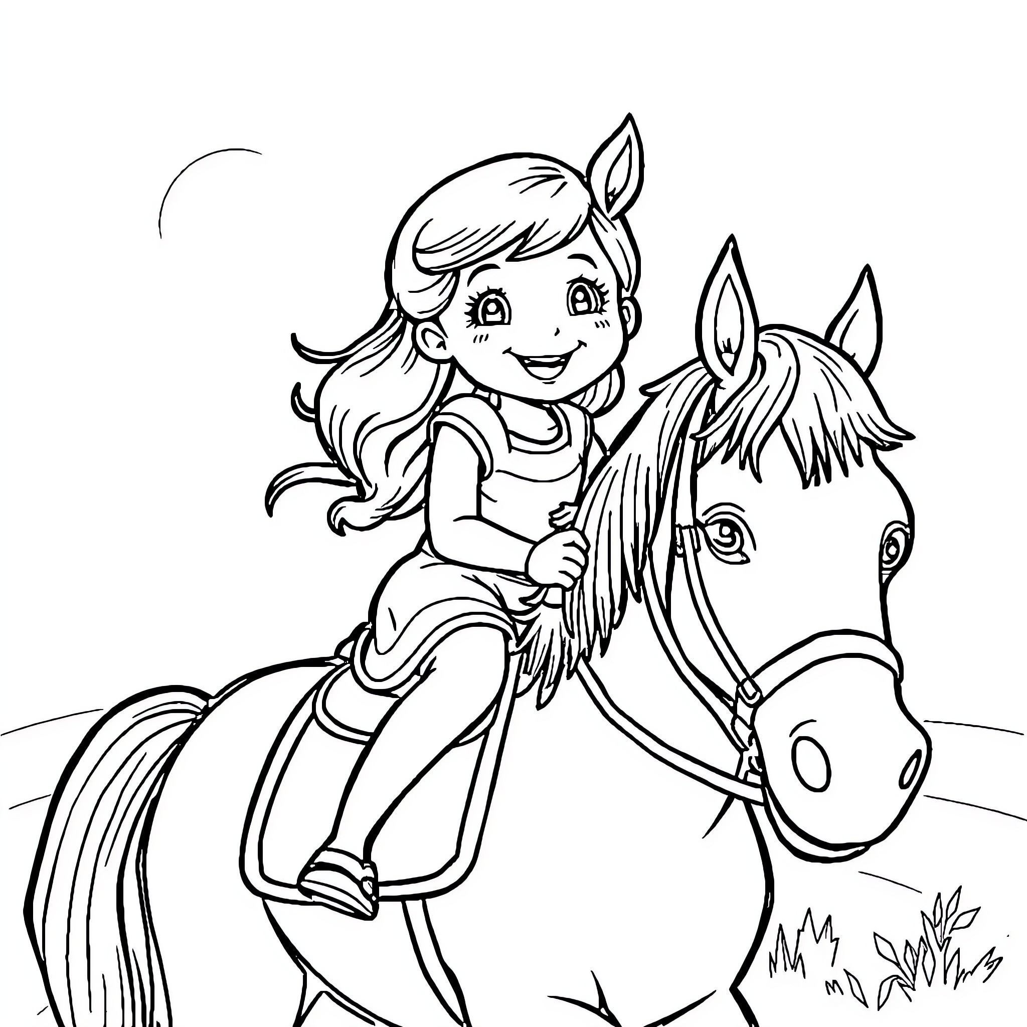 Bebe girl riding a playful pony in a field Coloring Page (free black-and-white line drawing printable PDF for all, from beginners to advanced learners, including children, teens, adults, and seniors)