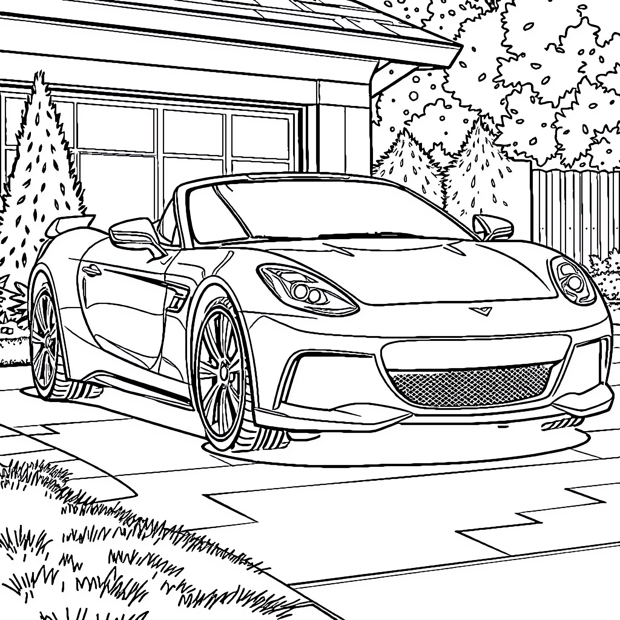 Car parked in front of trees in winter Coloring Page (free black-and-white line drawing printable PDF for all, from beginners to advanced learners, including children, teens, adults, and seniors)