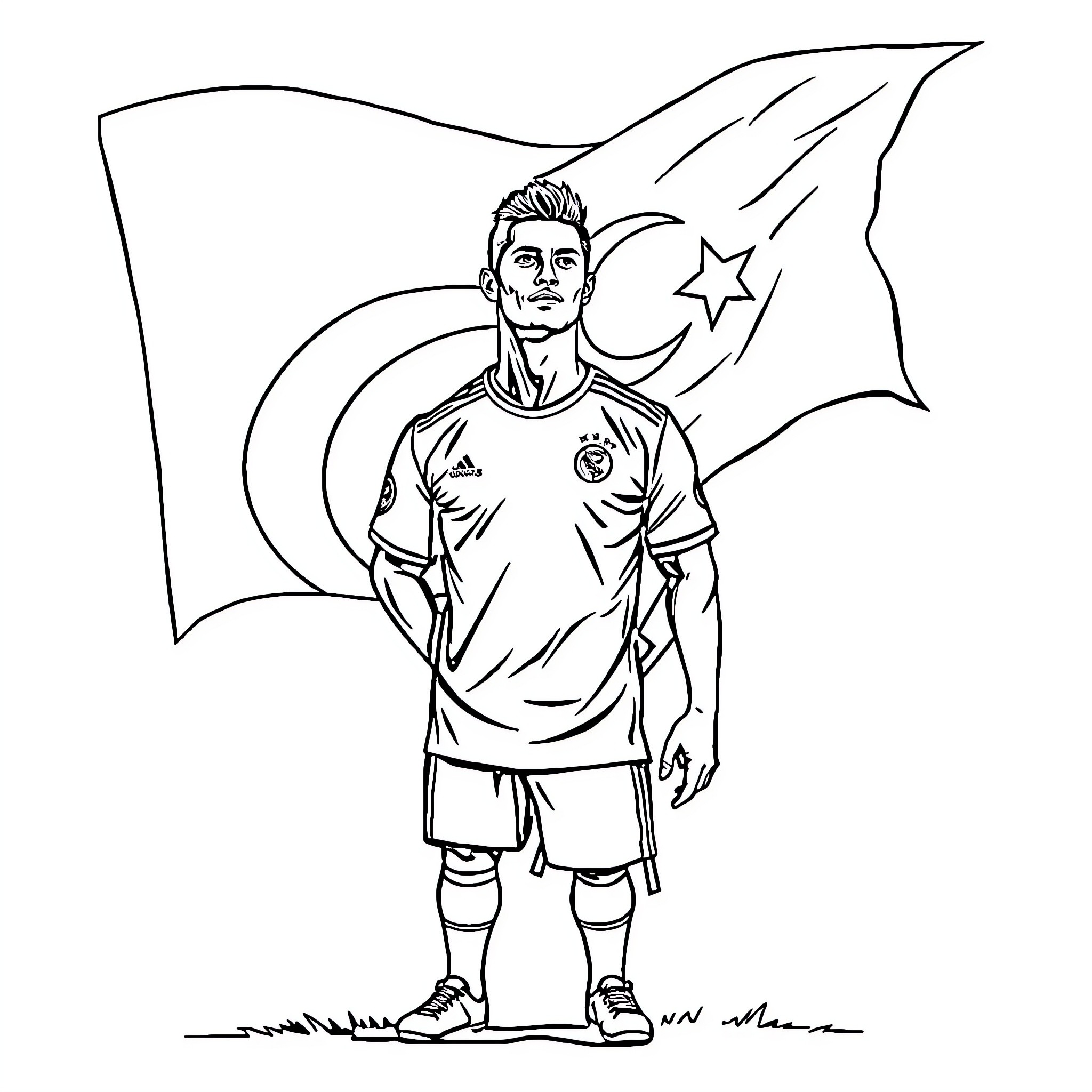Ronaldo posing with Turkish flag in sports uniform Coloring Page (free black-and-white line drawing printable PDF for all, from beginners to advanced learners, including children, teens, adults, and seniors)