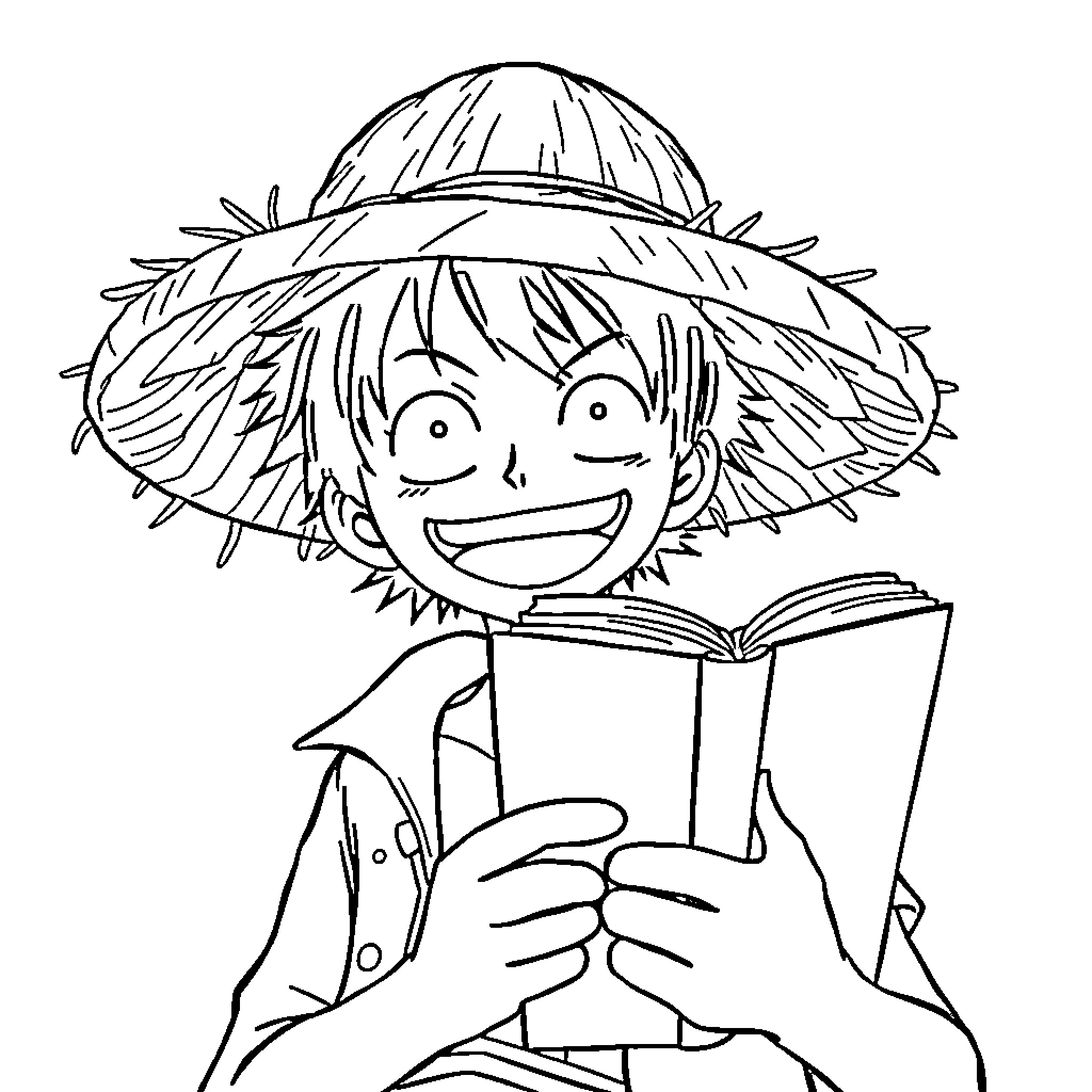 Luffy reading a book with enthusiasm Coloring Page (free black-and-white line drawing printable PDF for all, from beginners to advanced learners, including children, teens, adults, and seniors)