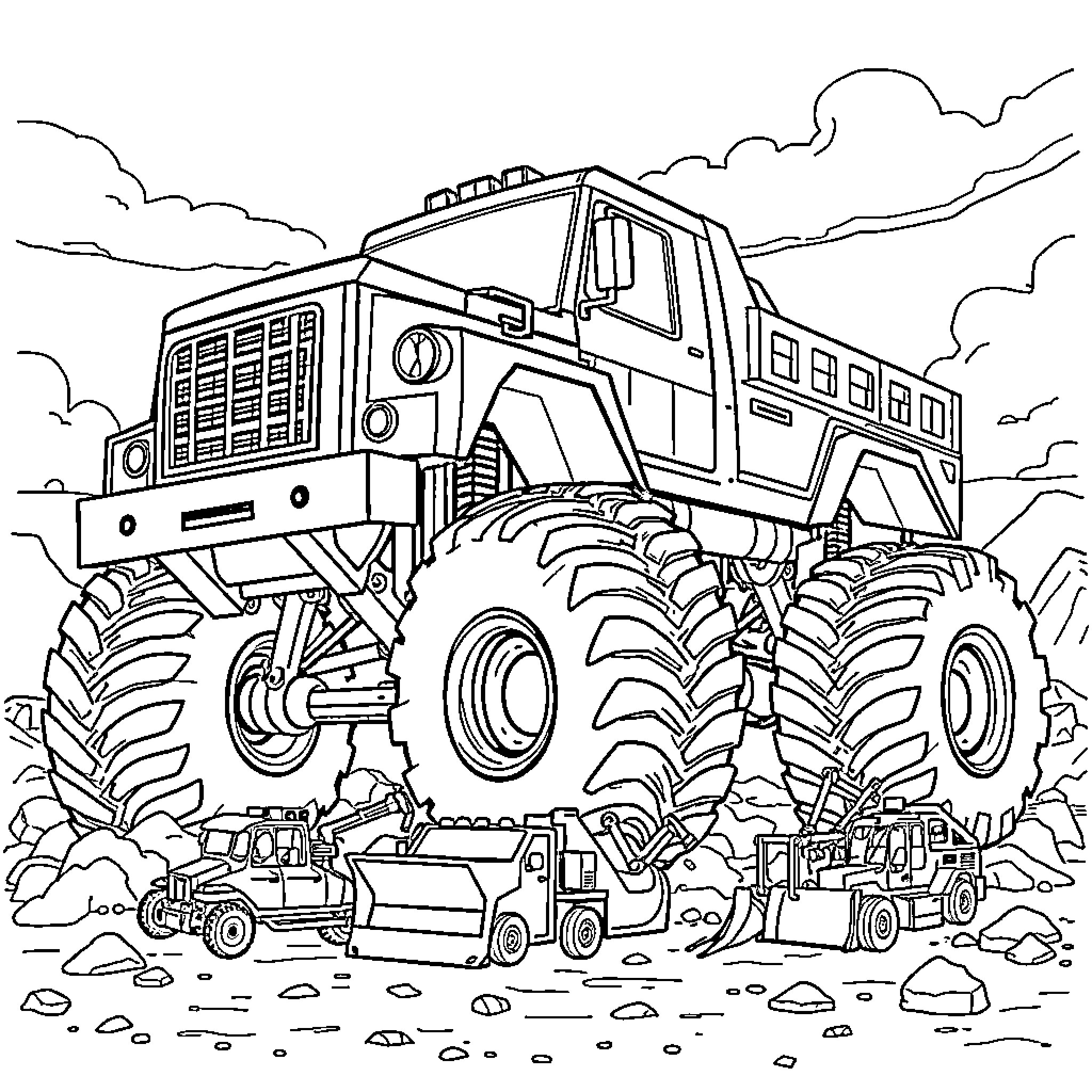Monster Truck Crushing Cars in the Countryside Coloring Page (free black-and-white line drawing printable PDF for all, from beginners to advanced learners, including children, teens, adults, and seniors)
