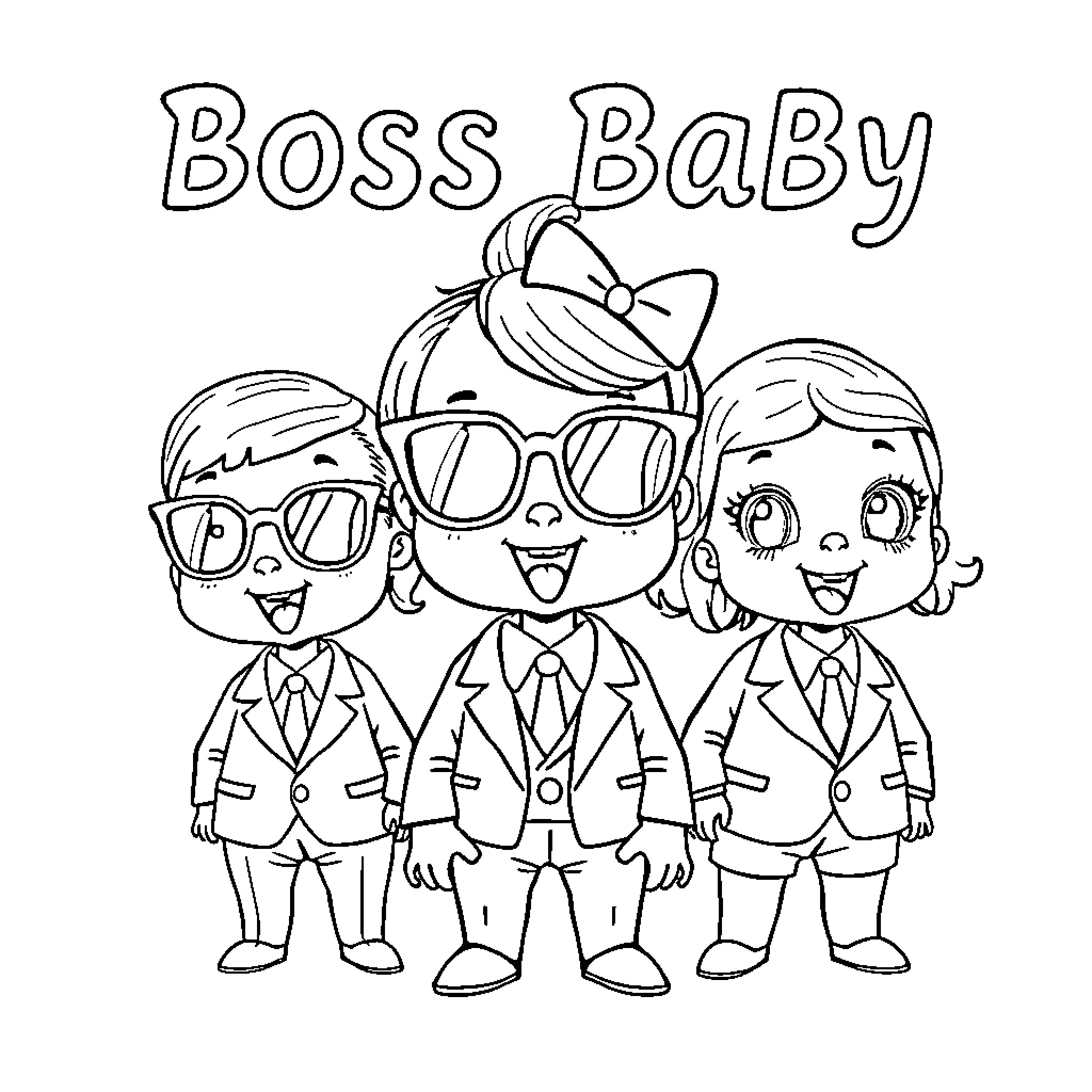 Boss Baby characters in formal business attire Coloring Page (free black-and-white line drawing printable PDF for all, from beginners to advanced learners, including children, teens, adults, and seniors)