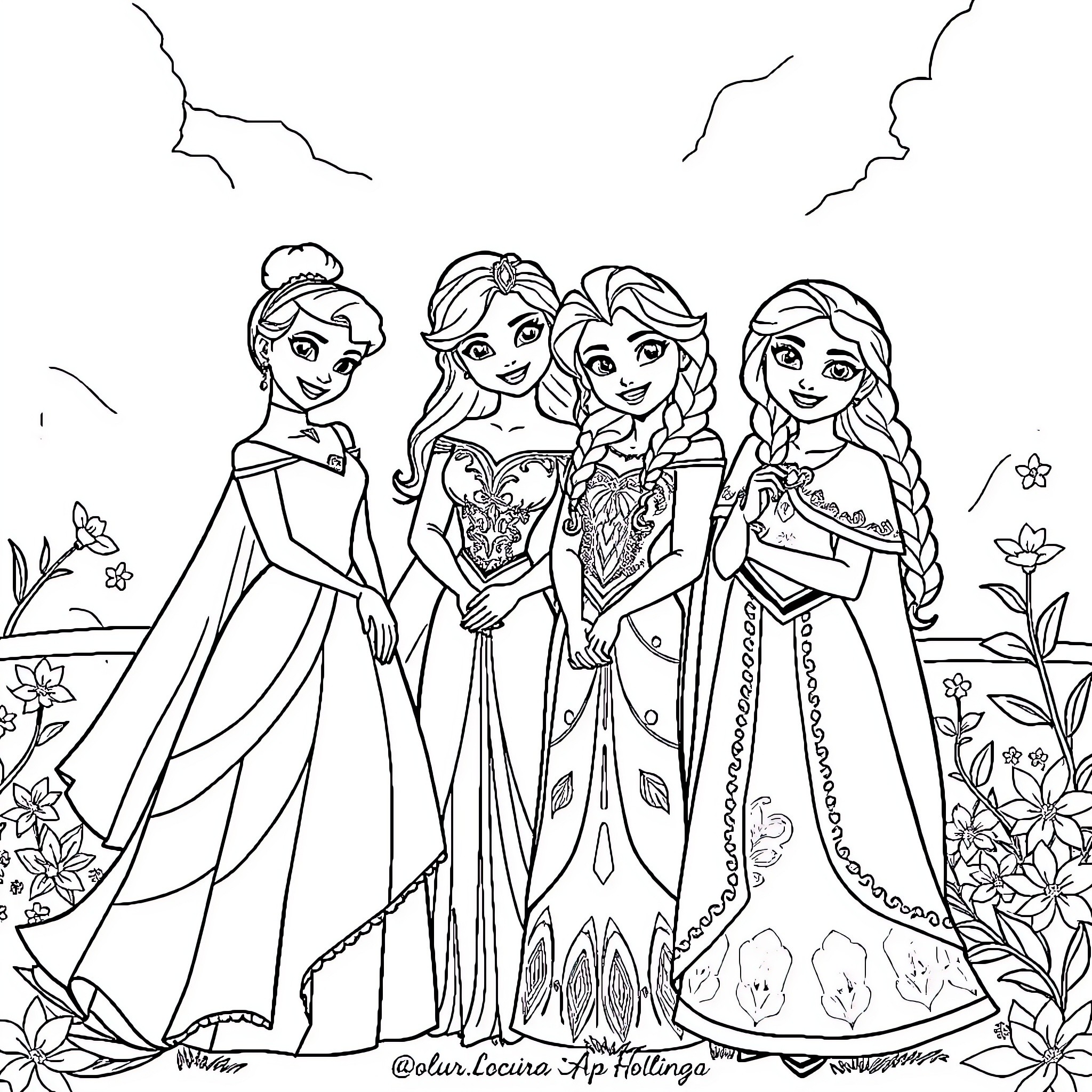Princess Gathering in a Magical Garden Coloring Page (free black-and-white line drawing printable PDF for all, from beginners to advanced learners, including children, teens, adults, and seniors)