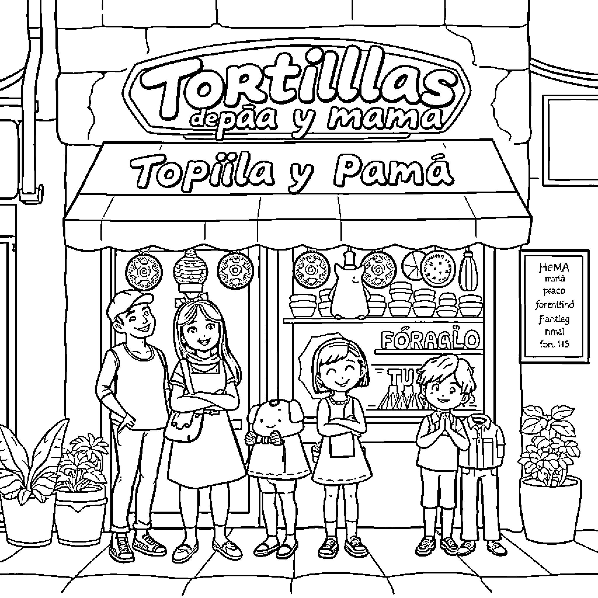 Family exploring traditional Mexican restaurant Coloring Page (free black-and-white line drawing printable PDF for all, from beginners to advanced learners, including children, teens, adults, and seniors)