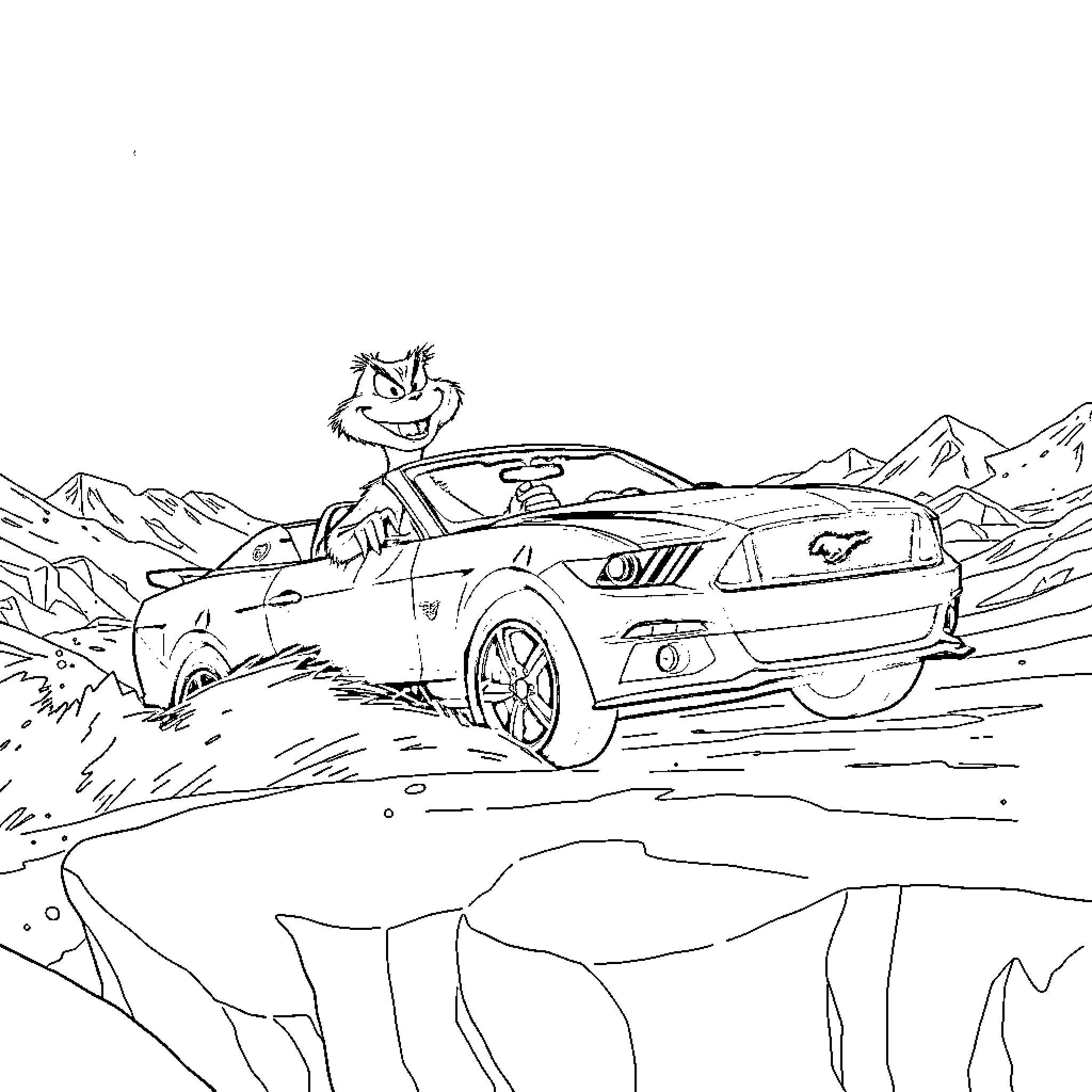Grinch's Mischievous Road Trip in the Mustang Coloring Page (free black-and-white line drawing printable PDF for all, from beginners to advanced learners, including children, teens, adults, and seniors)