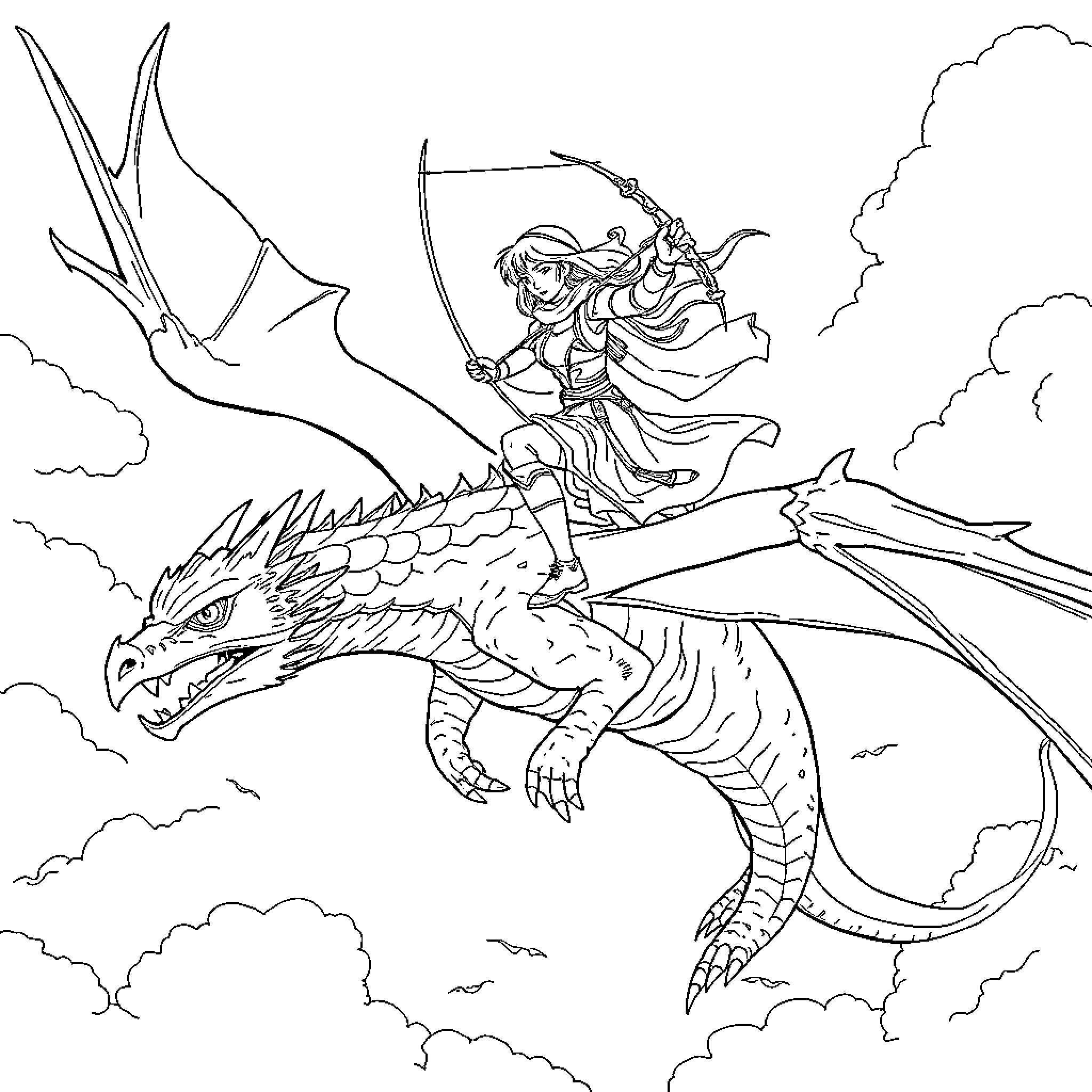 Archer riding a fierce dragon in the sky Coloring Page (free black-and-white line drawing printable PDF for all, from beginners to advanced learners, including children, teens, adults, and seniors)