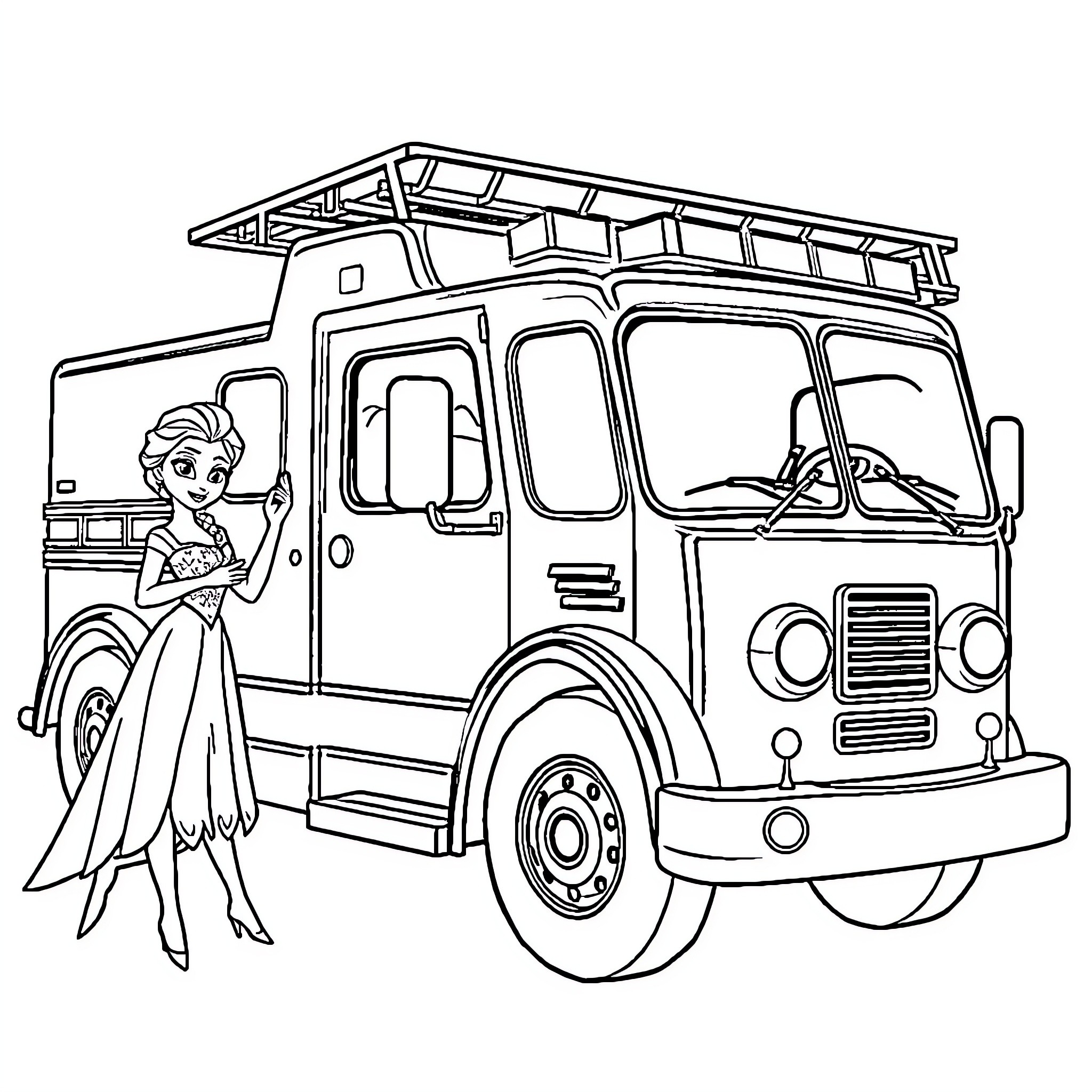 Elsa standing next to a fire truck Coloring Page (free black-and-white line drawing printable PDF for all, from beginners to advanced learners, including children, teens, adults, and seniors)