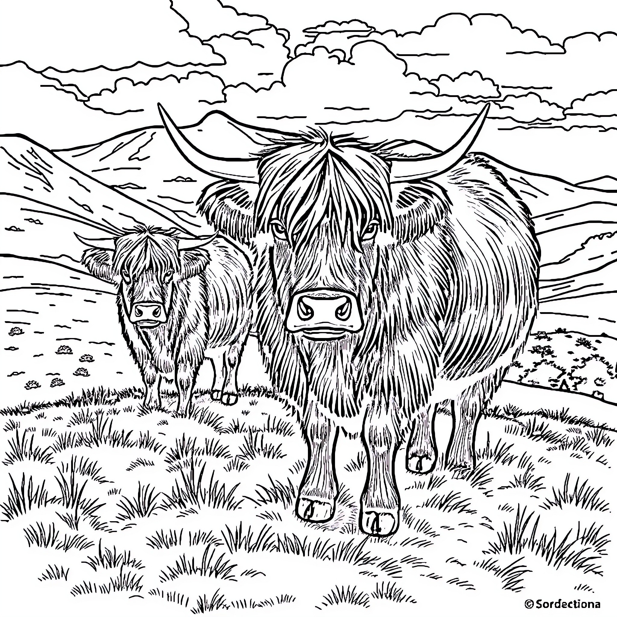 Highland Cows Roaming in the Mountainous Landscape Coloring Page (free black-and-white line drawing printable PDF for all, from beginners to advanced learners, including children, teens, adults, and seniors)