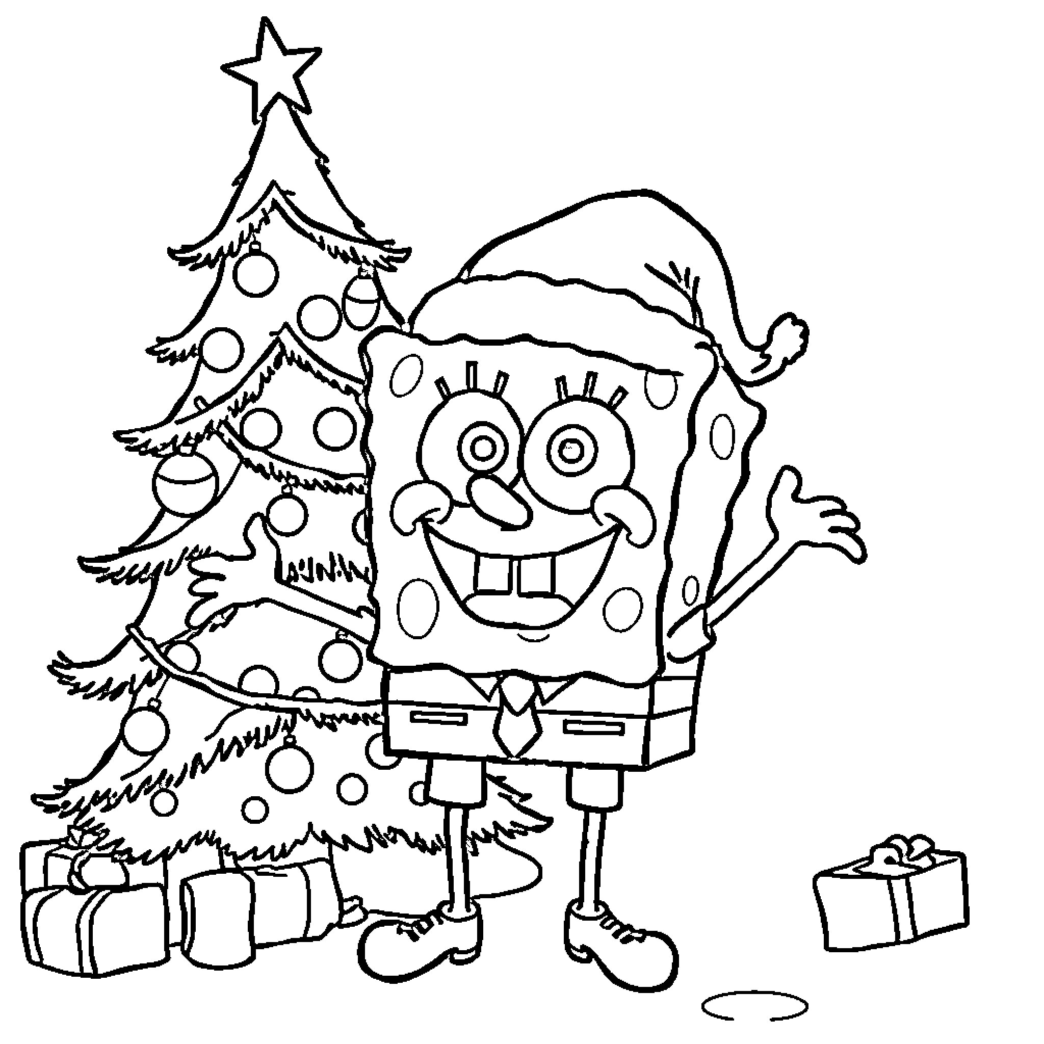 Spongebob celebrates Christmas with a decorated tree Coloring Page (free black-and-white line drawing printable PDF for all, from beginners to advanced learners, including children, teens, adults, and seniors)