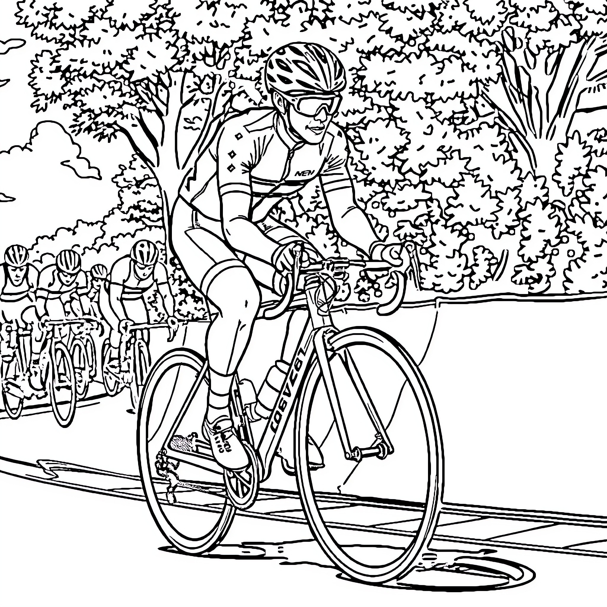 Wout van Aert racing through the countryside Coloring Page (free black-and-white line drawing printable PDF for all, from beginners to advanced learners, including children, teens, adults, and seniors)