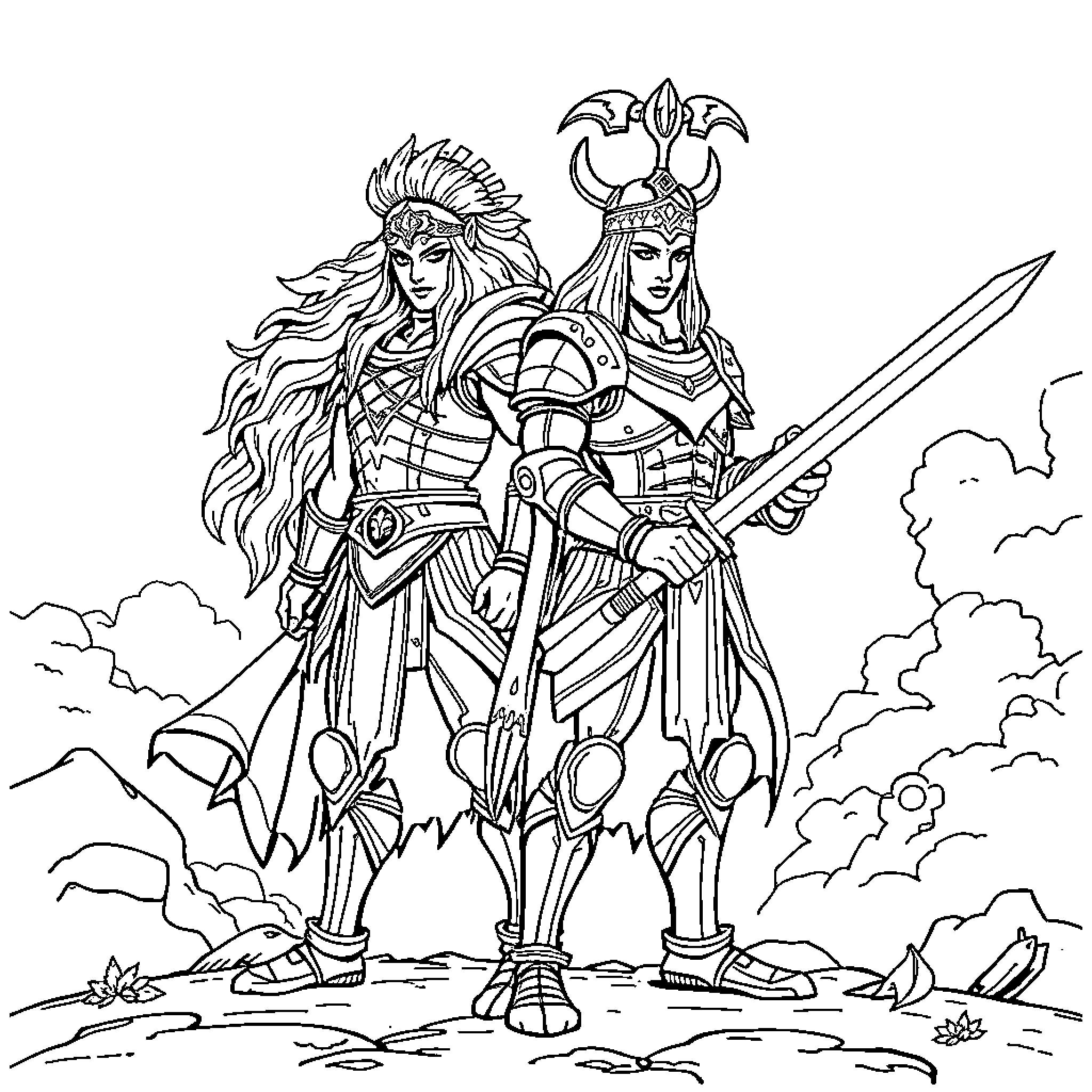 Shaka the Warrior Duo in Armored Fantasy Attire Coloring Page (free black-and-white line drawing printable PDF for all, from beginners to advanced learners, including children, teens, adults, and seniors)