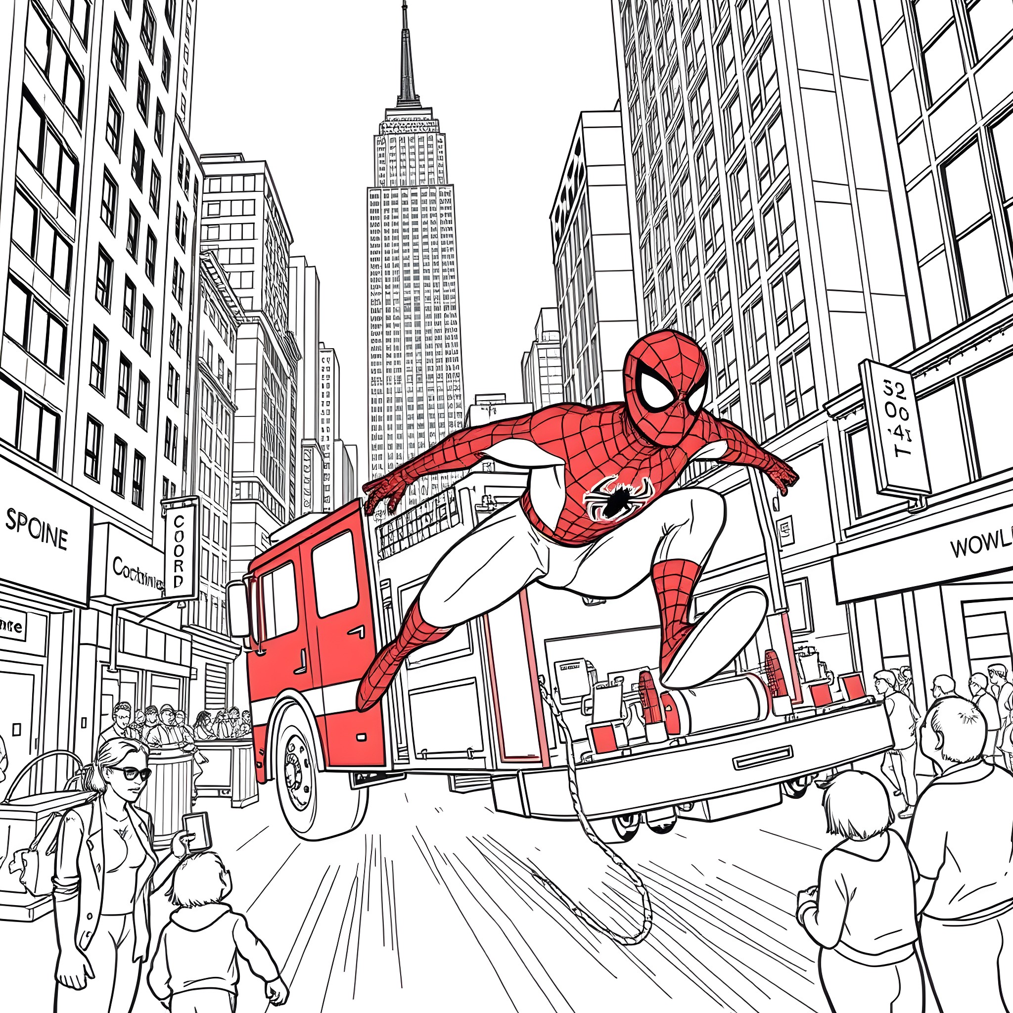 Spider-Man saves the day in the city streets Coloring Page (free black-and-white line drawing printable PDF for all, from beginners to advanced learners, including children, teens, adults, and seniors)