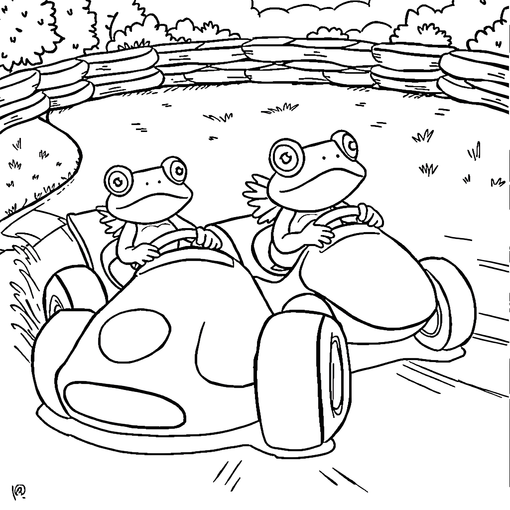 Frogs riding in a cartoon vehicle Coloring Page (free black-and-white line drawing printable PDF for all, from beginners to advanced learners, including children, teens, adults, and seniors)