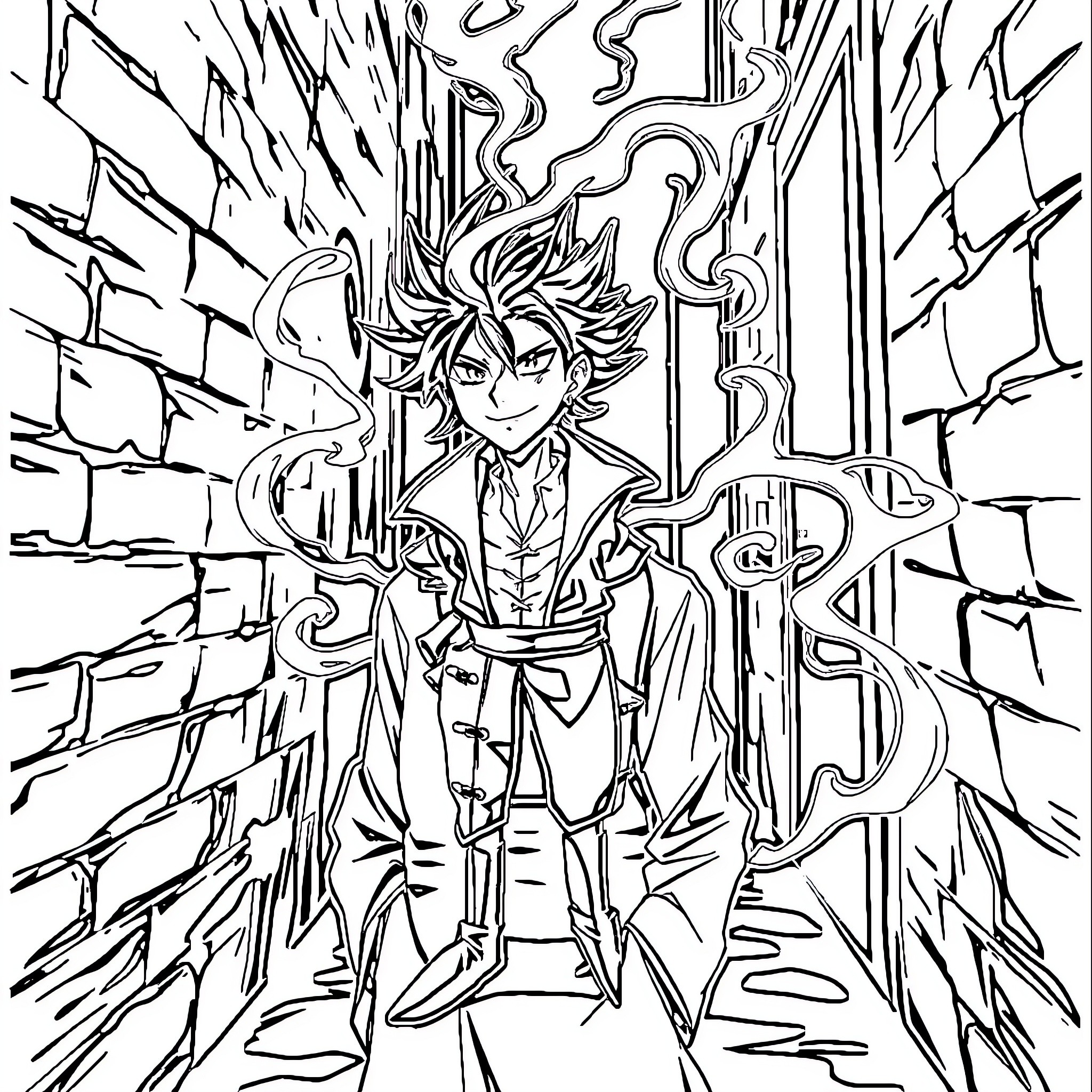 Cid Kagenou's Powerful Determination Amidst Chaos Coloring Page (free black-and-white line drawing printable PDF for all, from beginners to advanced learners, including children, teens, adults, and seniors)