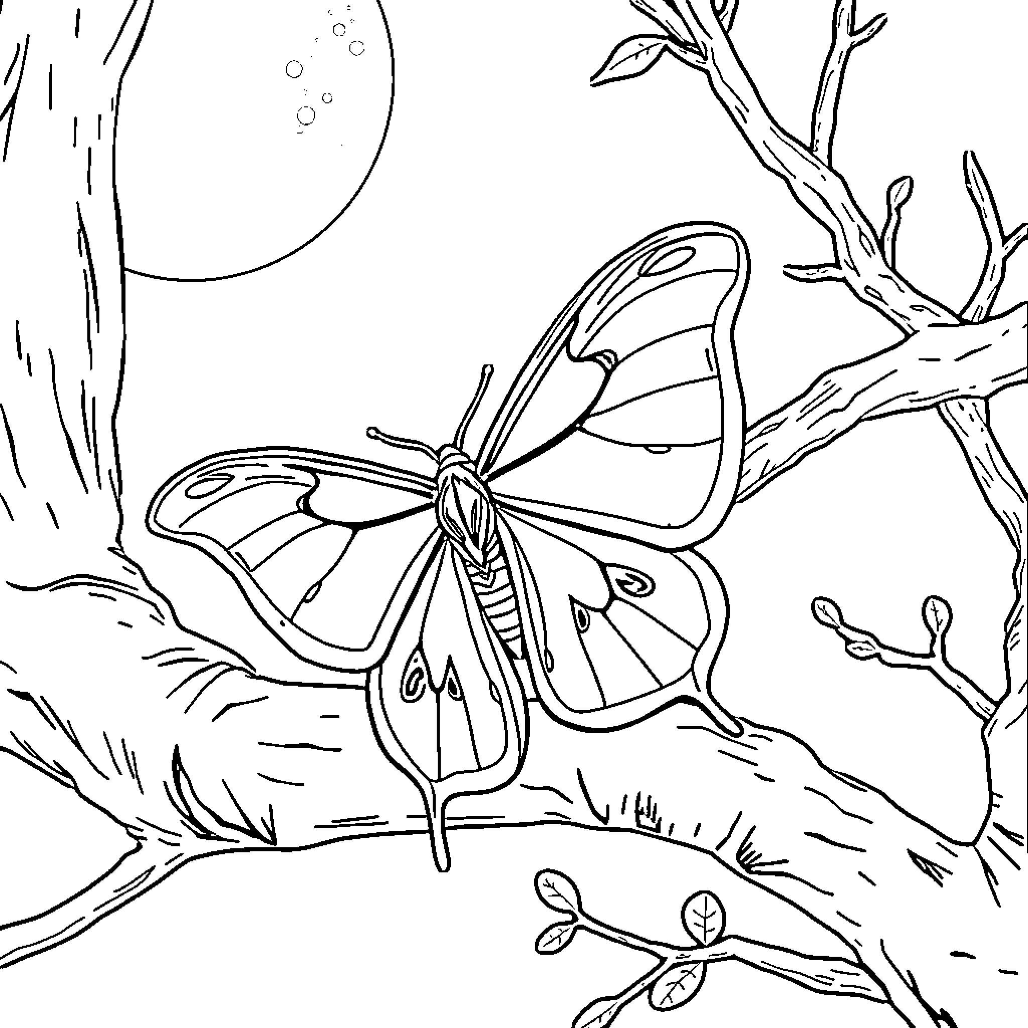 Lunar Moth resting on a branch Coloring Page (free black-and-white line drawing printable PDF for all, from beginners to advanced learners, including children, teens, adults, and seniors)
