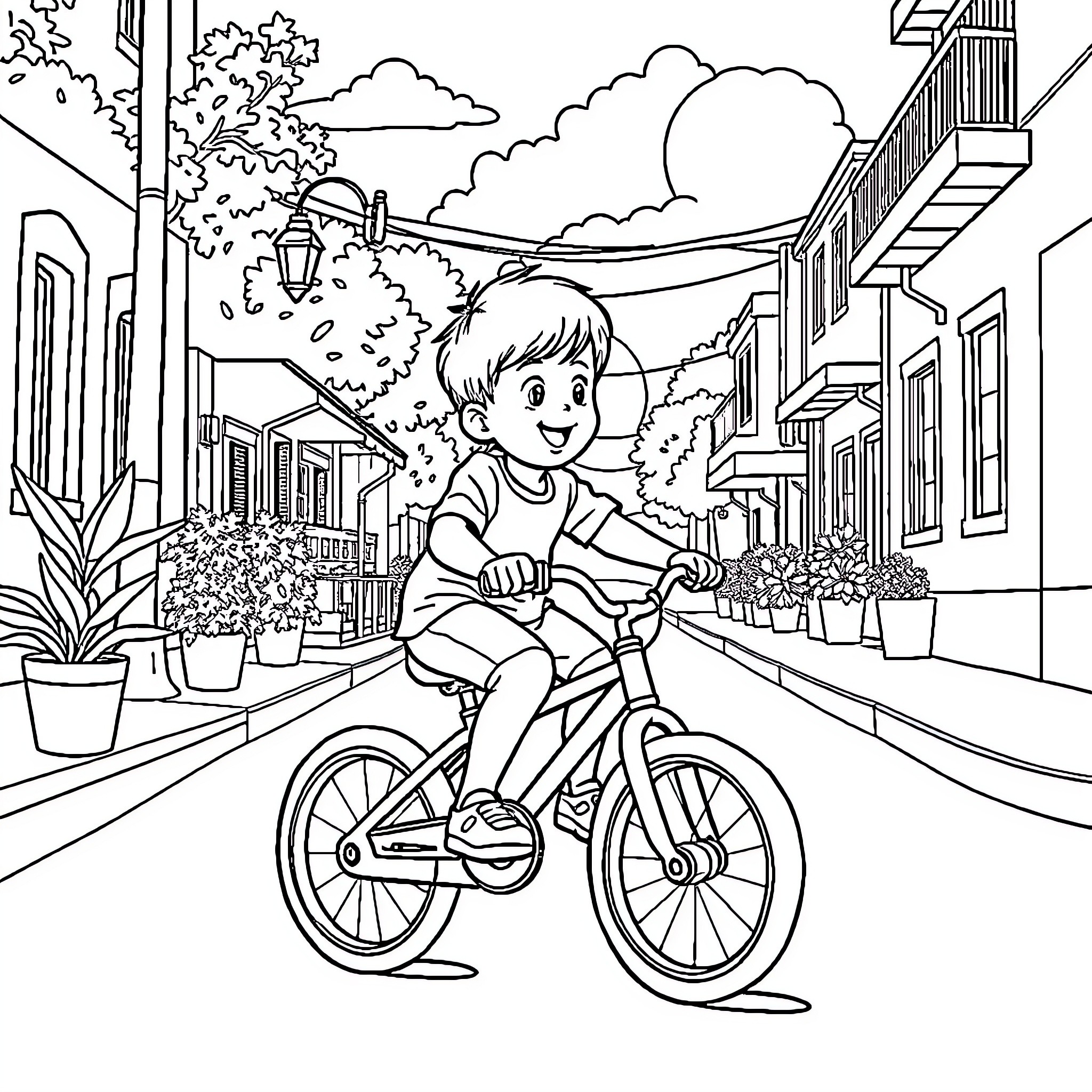 Boy enjoying a bike ride through the town Coloring Page (free black-and-white line drawing printable PDF for all, from beginners to advanced learners, including children, teens, adults, and seniors)
