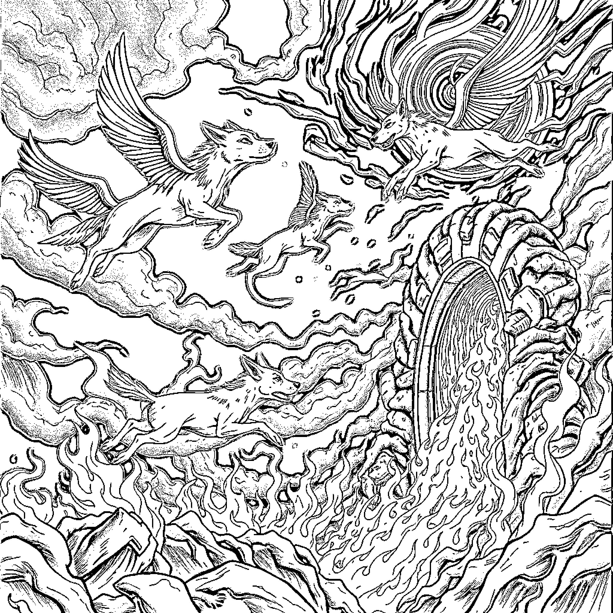 Dog Soaring through Fantastical Clouds Coloring Page (free black-and-white line drawing printable PDF for all, from beginners to advanced learners, including children, teens, adults, and seniors)