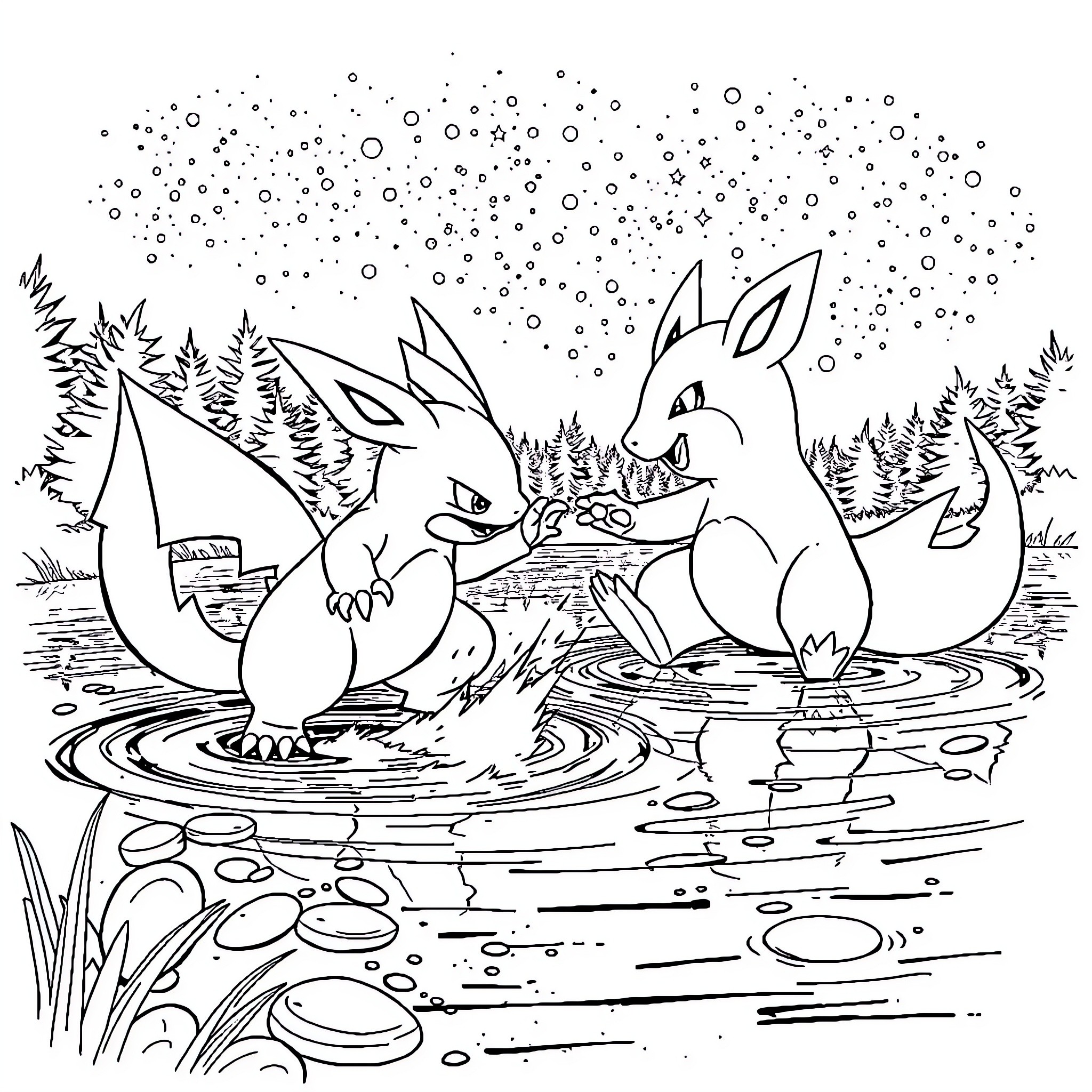 Lucario Enjoying a Winter Wonderland Coloring Page (free black-and-white line drawing printable PDF for all, from beginners to advanced learners, including children, teens, adults, and seniors)