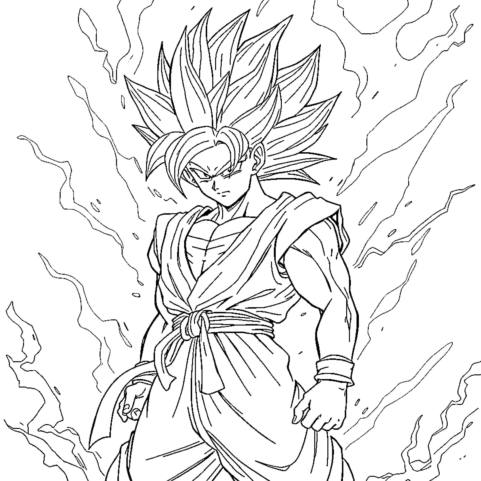 Goku in fierce battle stance with energy aura Coloring Page (free black-and-white line drawing printable PDF for all, from beginners to advanced learners, including children, teens, adults, and seniors)