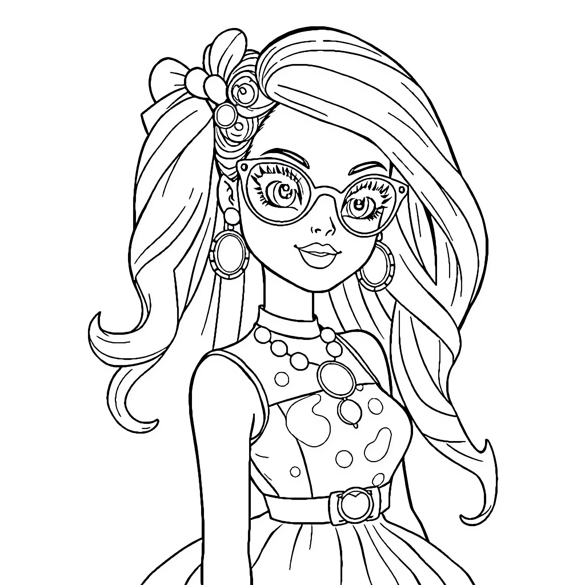 Barbie doll with stylish accessories and outfit Coloring Page (free black-and-white line drawing printable PDF for all, from beginners to advanced learners, including children, teens, adults, and seniors)