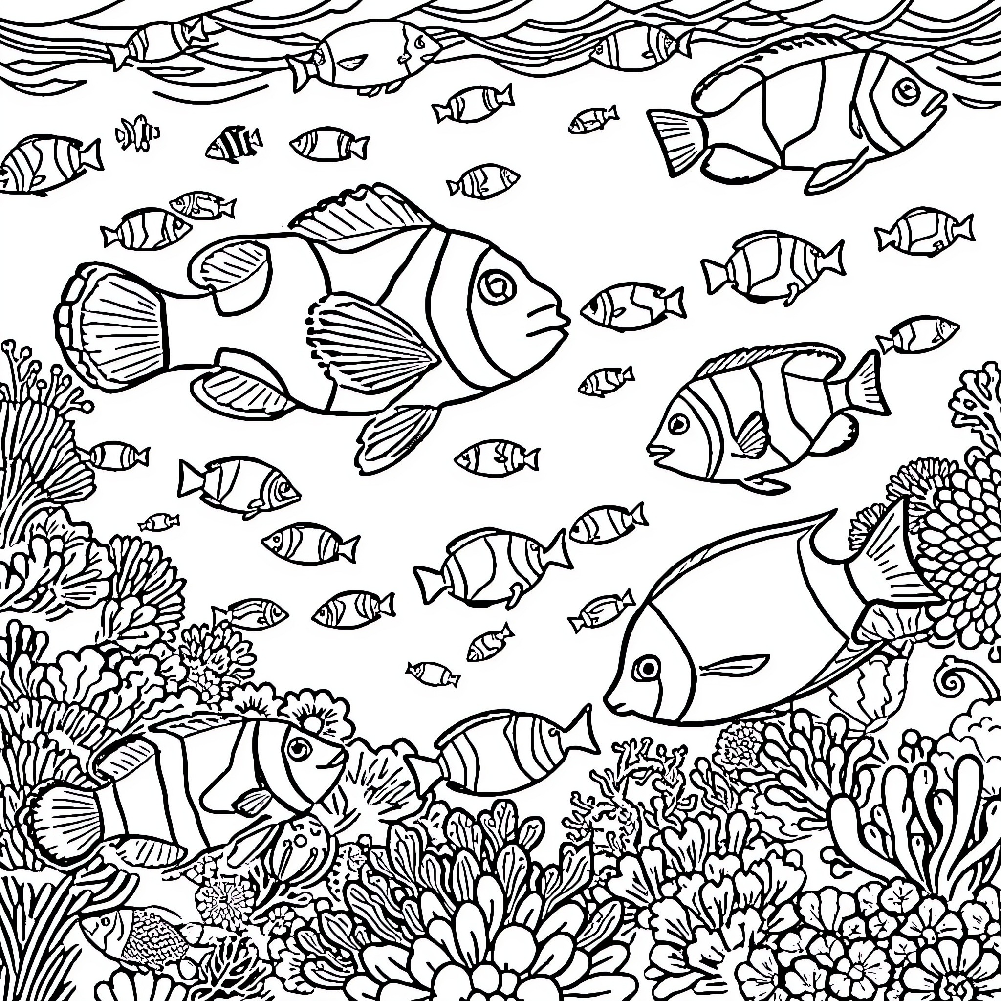 Fish swimming in a vibrant underwater scene Coloring Page (free black-and-white line drawing printable PDF for all, from beginners to advanced learners, including children, teens, adults, and seniors)