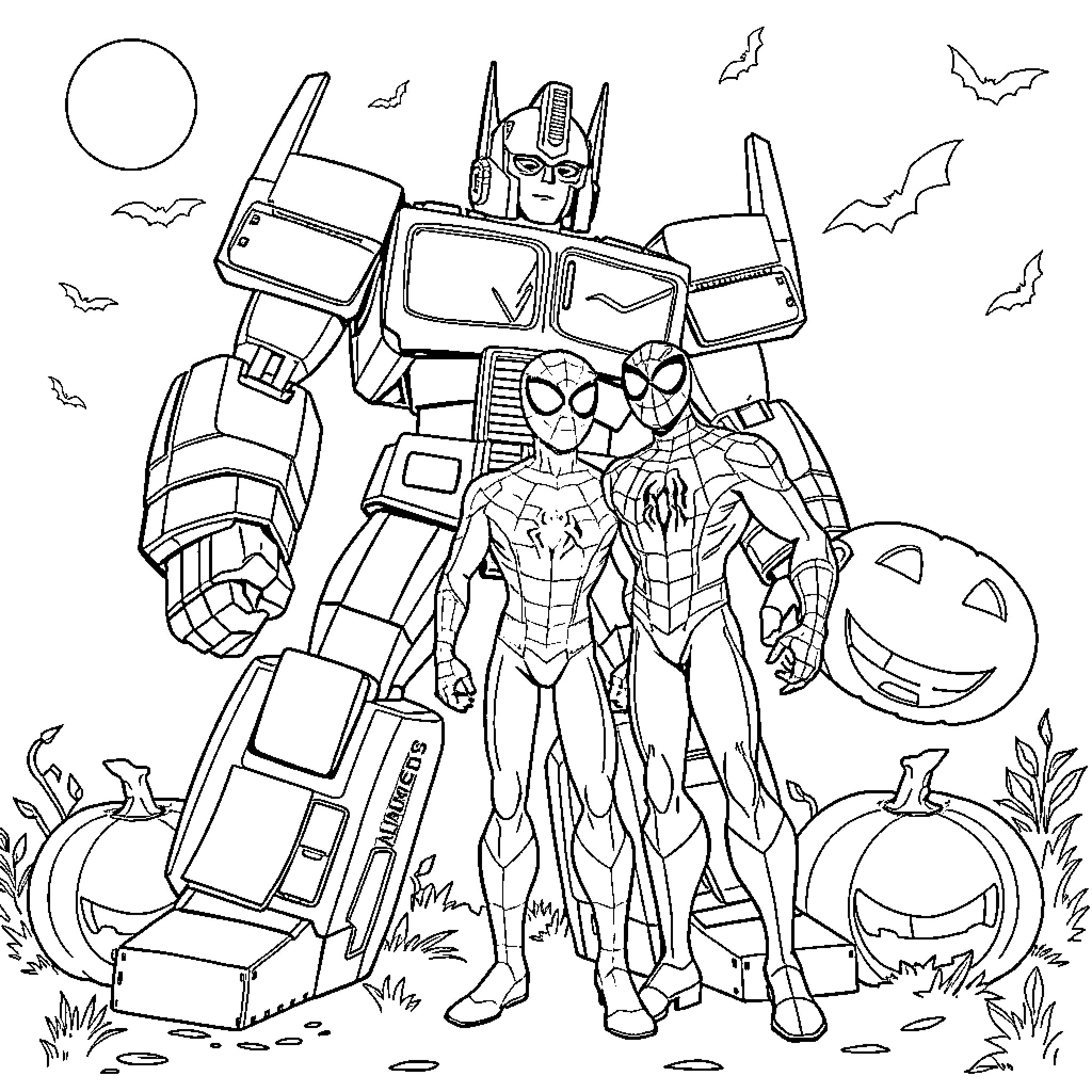 Optimus Prime and Spider-Man in Halloween Scene Coloring Page (free black-and-white line drawing printable PDF for all, from beginners to advanced learners, including children, teens, adults, and seniors)