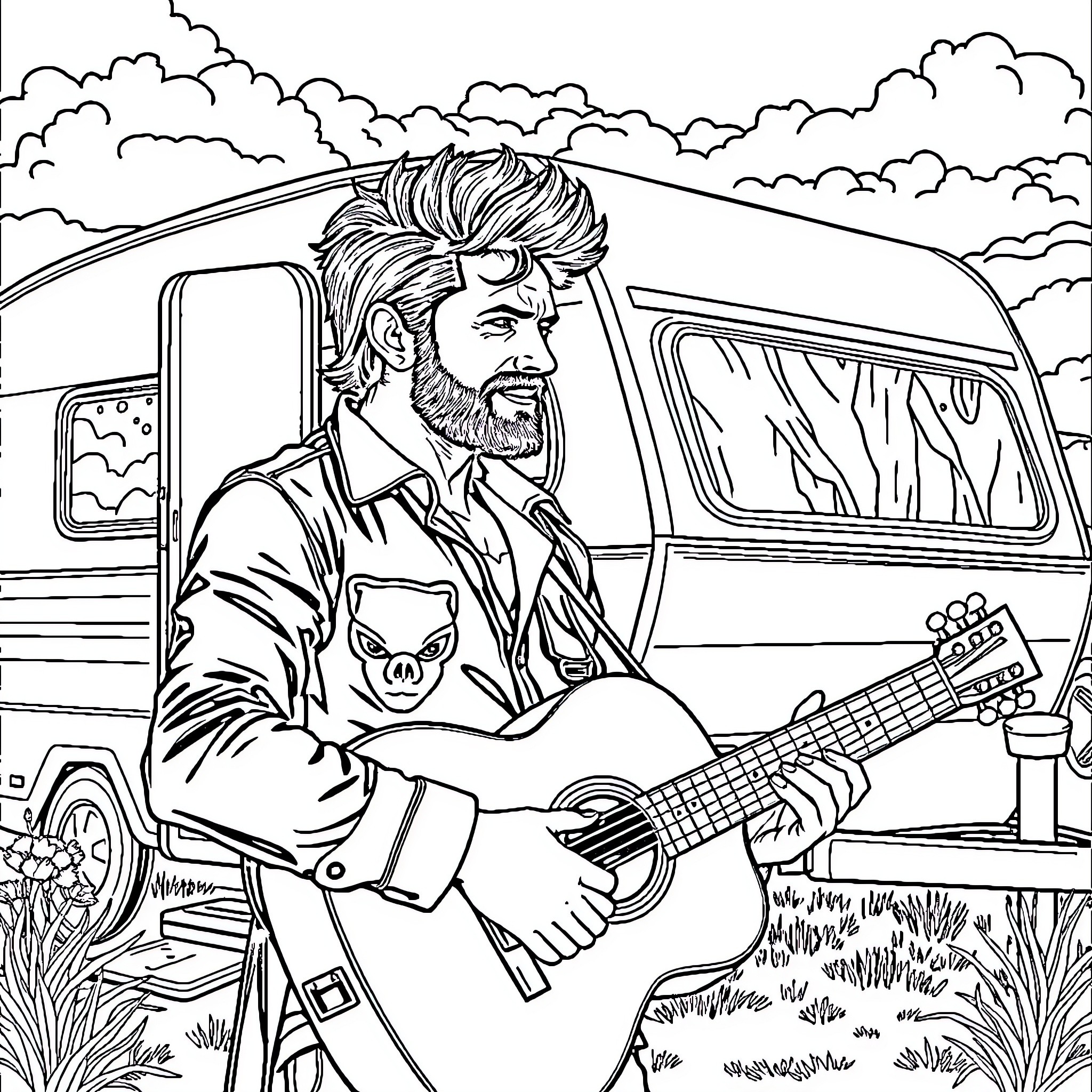 Chanteur playing guitar in scenic countryside Coloring Page (free black-and-white line drawing printable PDF for all, from beginners to advanced learners, including children, teens, adults, and seniors)