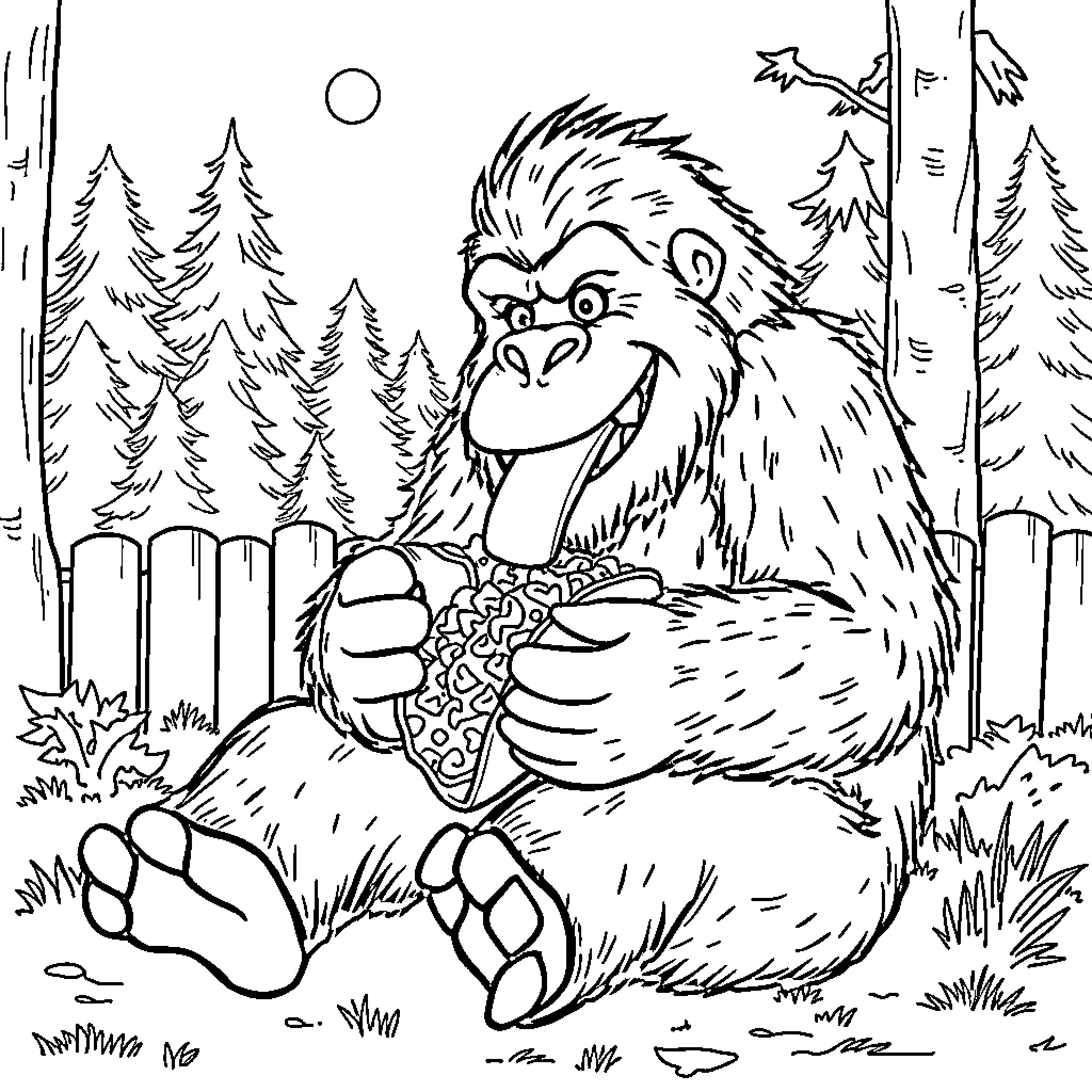 Bigfoot enjoying a snack in the forest Coloring Page (free black-and-white line drawing printable PDF for all, from beginners to advanced learners, including children, teens, adults, and seniors)