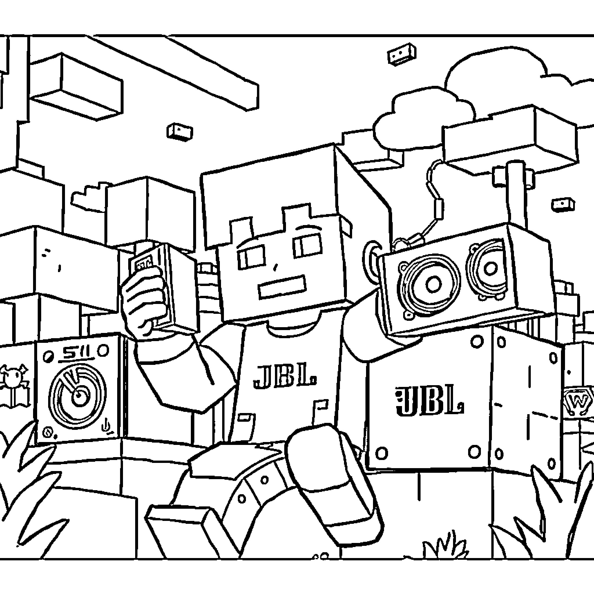 Minecraft Steve explores a futuristic city landscape Coloring Page (free black-and-white line drawing printable PDF for all, from beginners to advanced learners, including children, teens, adults, and seniors)