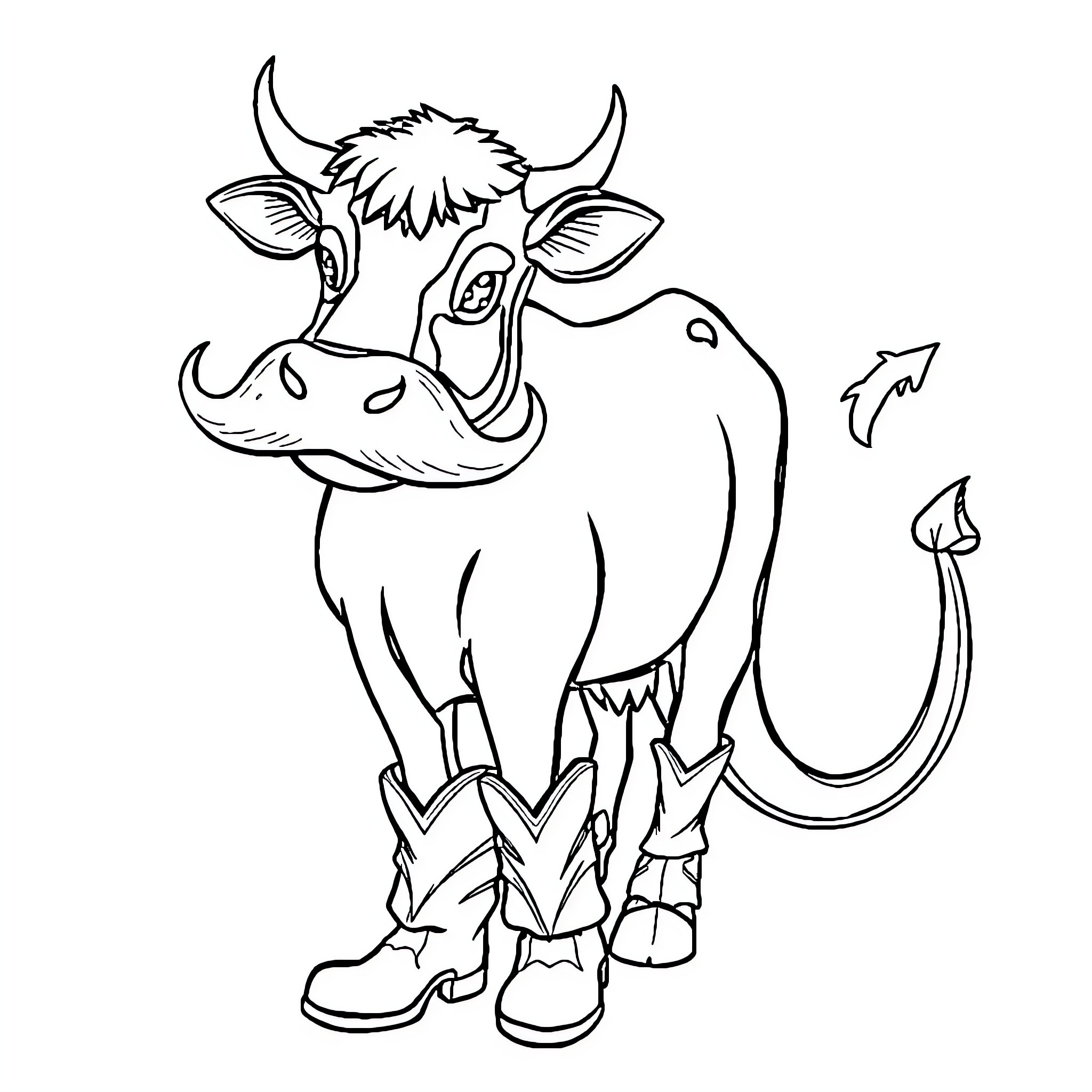 Cow with Unusual Attire and Expressions Coloring Page (free black-and-white line drawing printable PDF for all, from beginners to advanced learners, including children, teens, adults, and seniors)