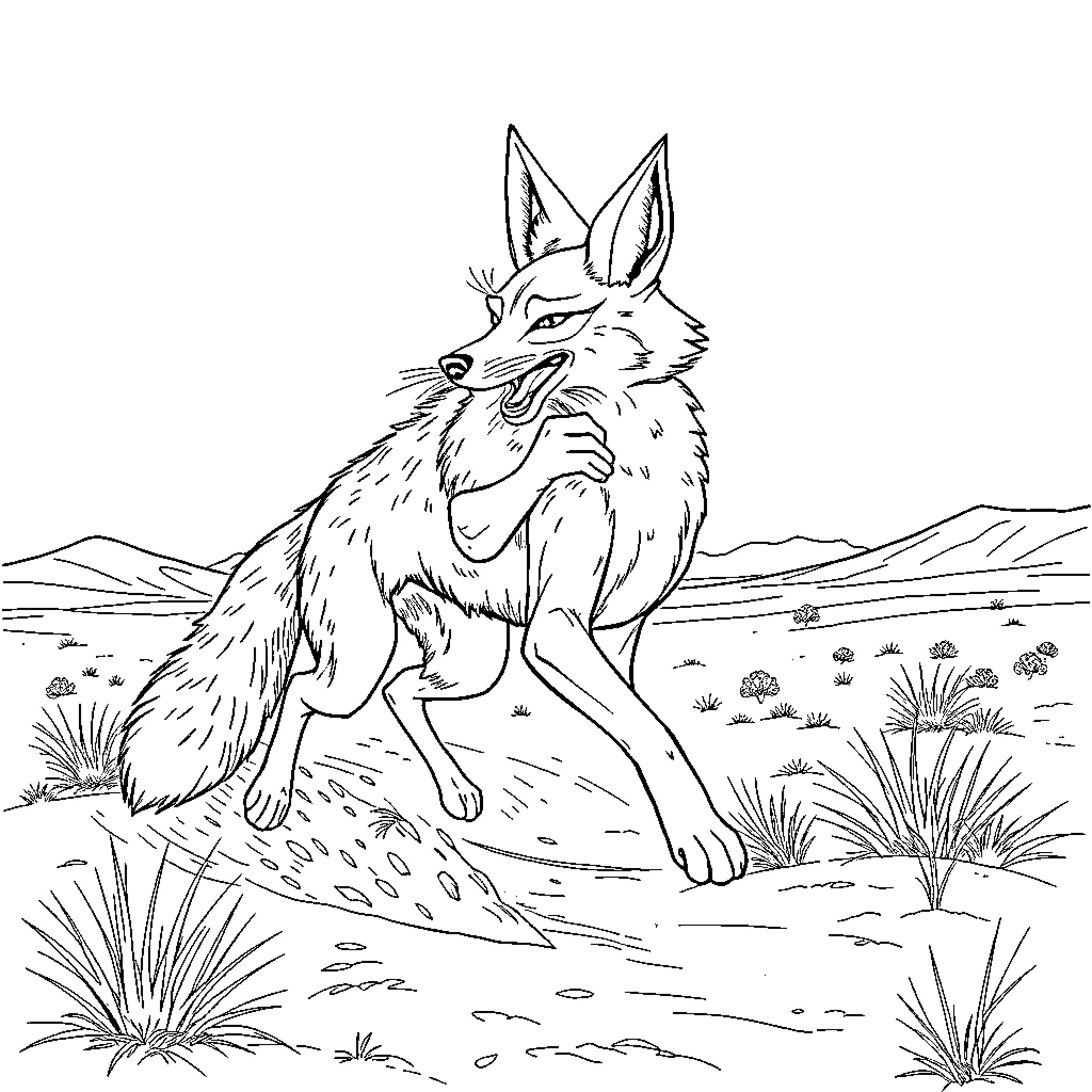 Coyote Prowling in the Desert Landscape Coloring Page (free black-and-white line drawing printable PDF for all, from beginners to advanced learners, including children, teens, adults, and seniors)