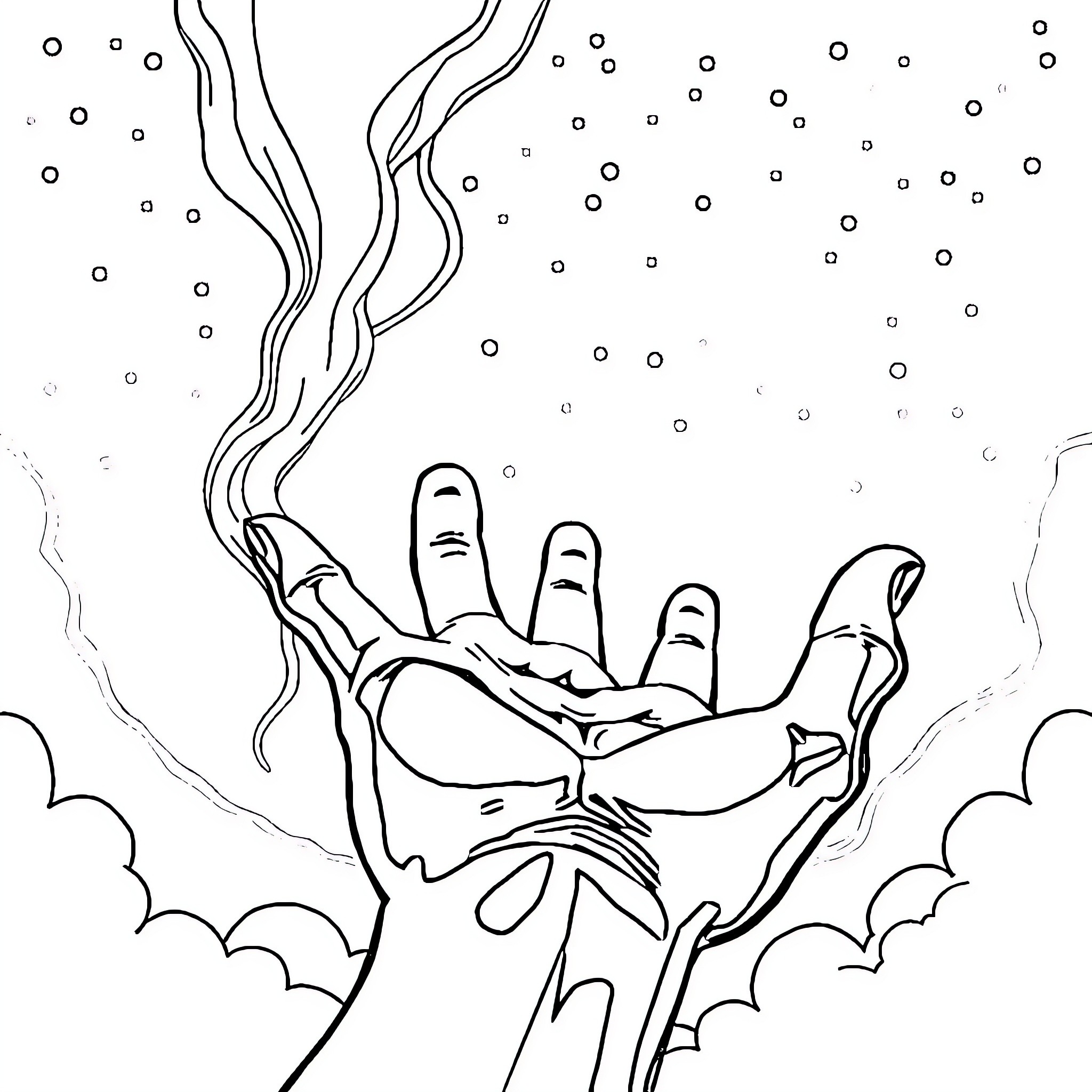Hand reaching out from cloudy environment Coloring Page (free black-and-white line drawing printable PDF for all, from beginners to advanced learners, including children, teens, adults, and seniors)