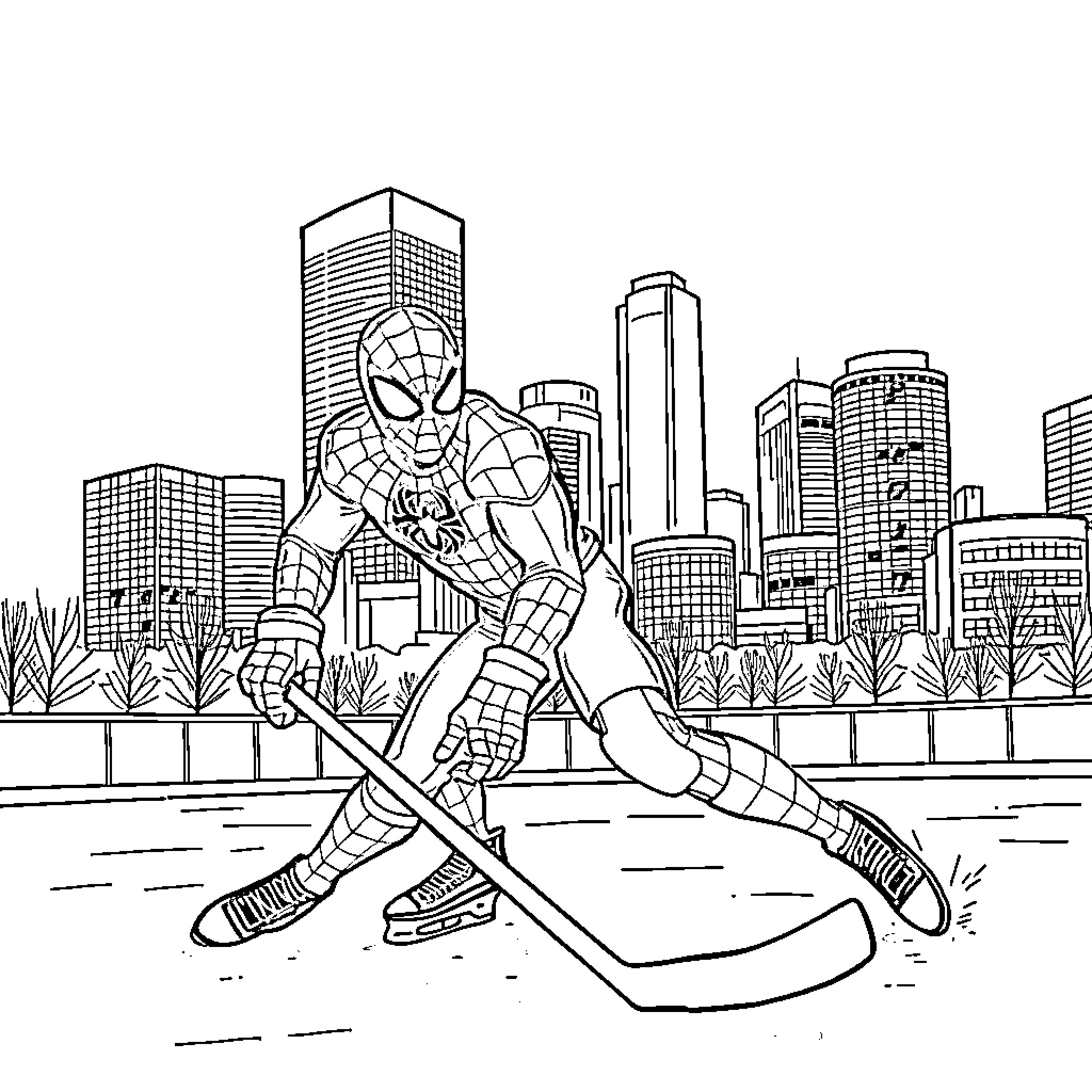 Spider-Man playing hockey in the city Coloring Page (free black-and-white line drawing printable PDF for all, from beginners to advanced learners, including children, teens, adults, and seniors)